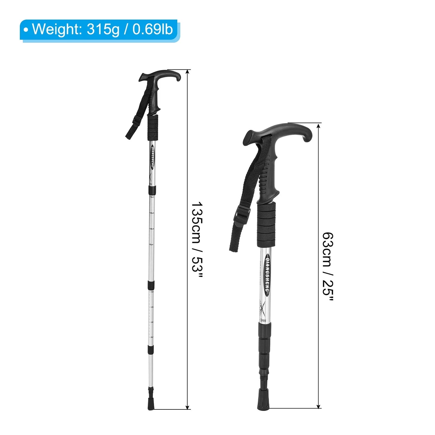 Uxcell Trekking Poles Collapsible Telescopic Hiking Pole 43 Inch T Handle, Sizeilver