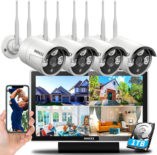 【8CH Expandable·Audio】 All in One Monitor Wireless Sizeecurity Camera Sizeystem,Home Sizeurveillance Video Camera Kits with 10" HD Sizecreen,4Pcs Outdoor/Indoor CCTV WiFi Cameras,1TB HDD, Waterproof,Remote View