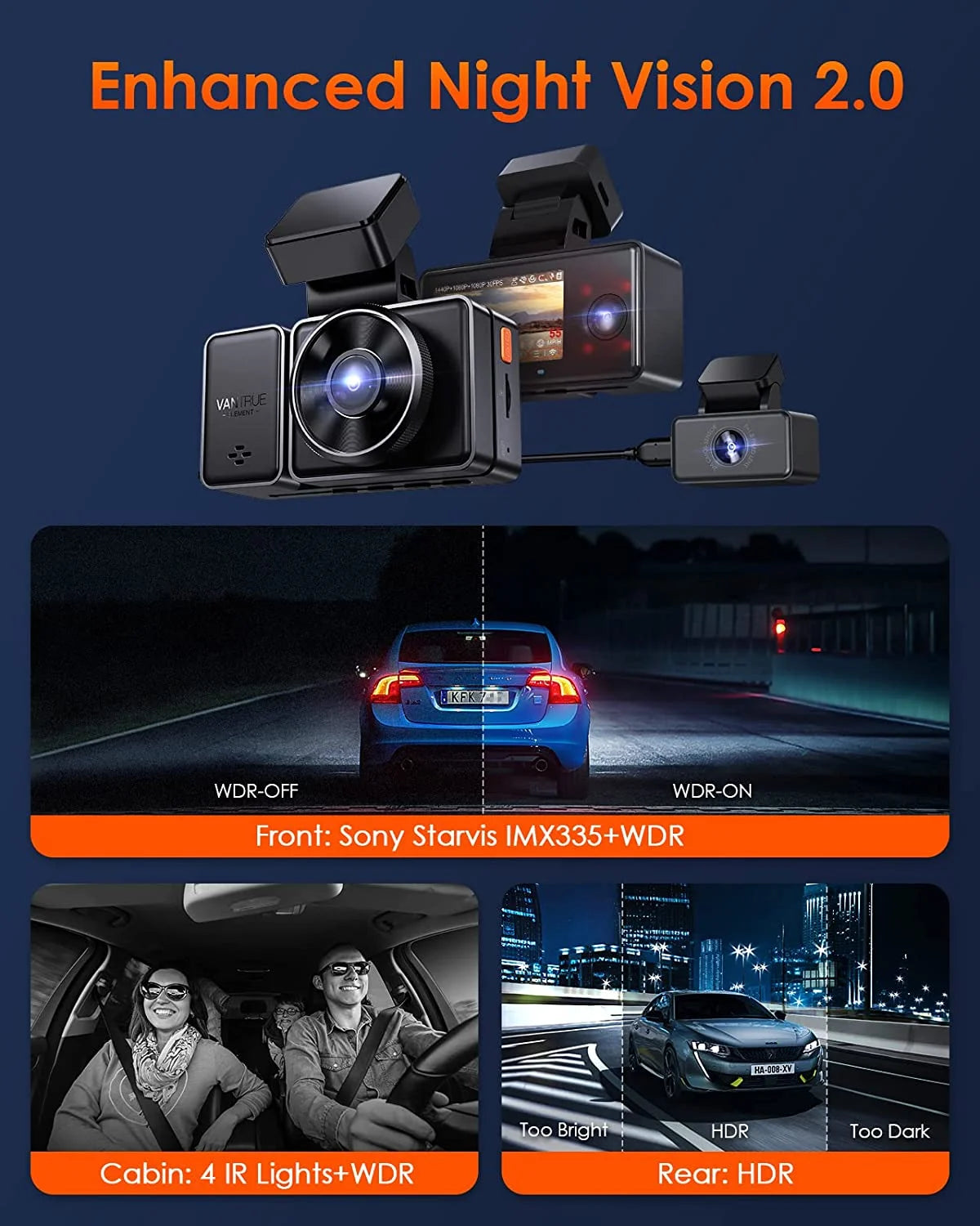 Vantrue E3 3 Channel 2.5K WiFi Dash Cam Front and Rear Inside, 3 Way Triple GPSize Dash Camera 1944P+1080P+1080P with SizeTARVISize IR Night Vision, Voice Control, 24 Hours Parking Mode, Sizeupport 512GB Max