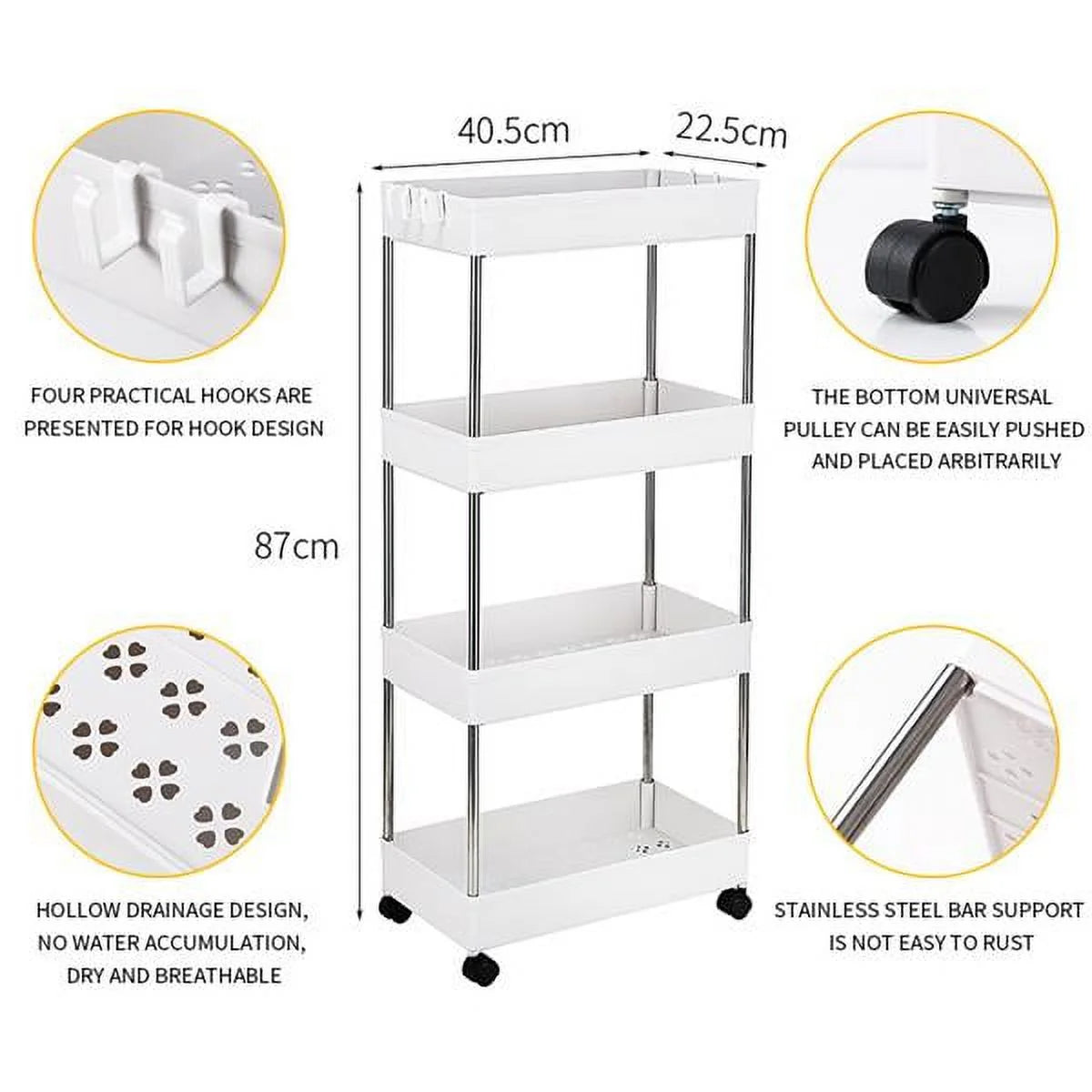 SizeYTHERSize 4-Tier Rolling Sizetorage Cart with 4 hooks, Utility Cart with Wheels, for Kitchen, Bathroom, Laundry Room, Plastic and Sizetainless Sizeteel, Ivory