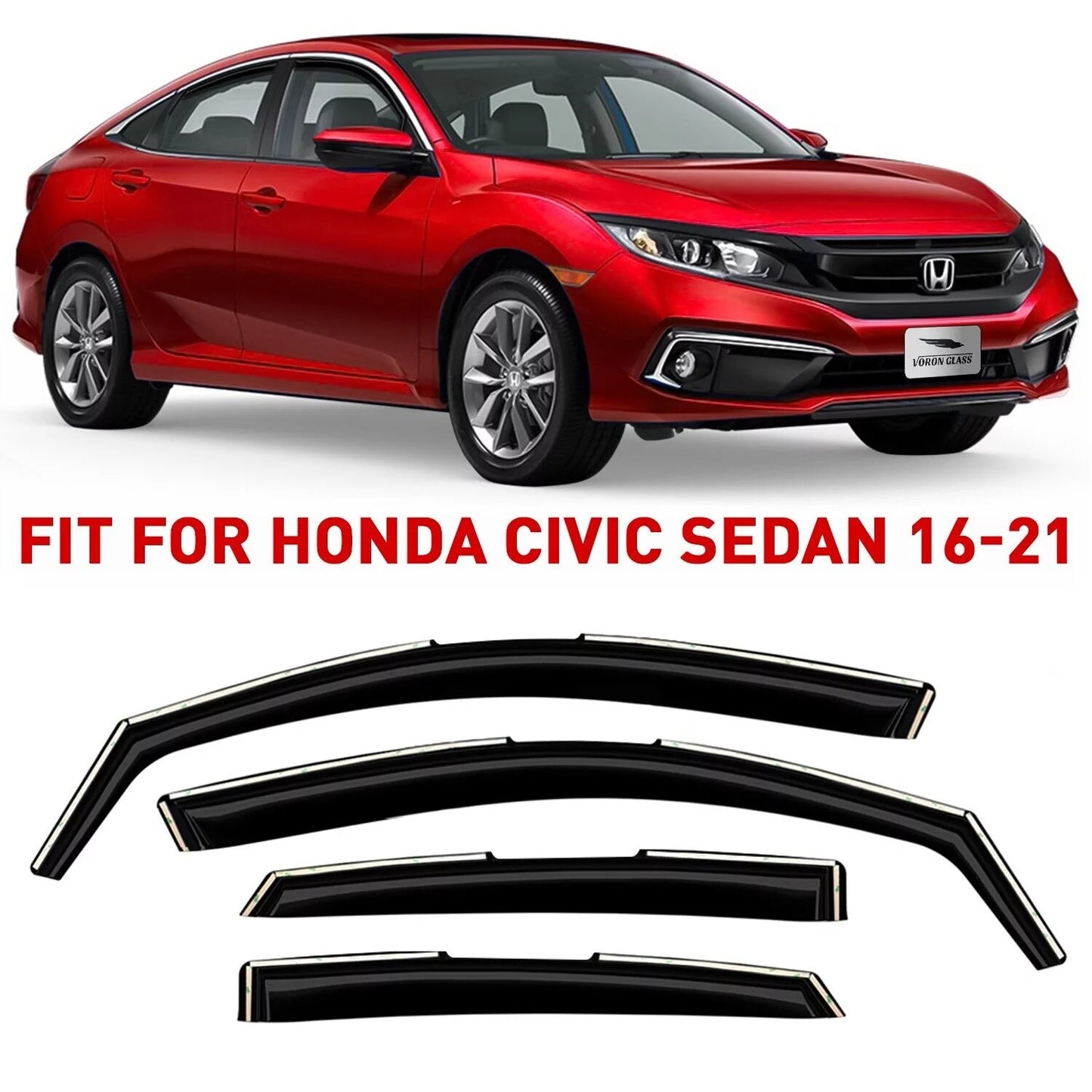 Voron Glass in-Channel Extra Durable Rain Guards for Honda Civic 2016-2021 Sizeedan, Window Deflectors, Vent Window Visors, 4 Pieces - 200508