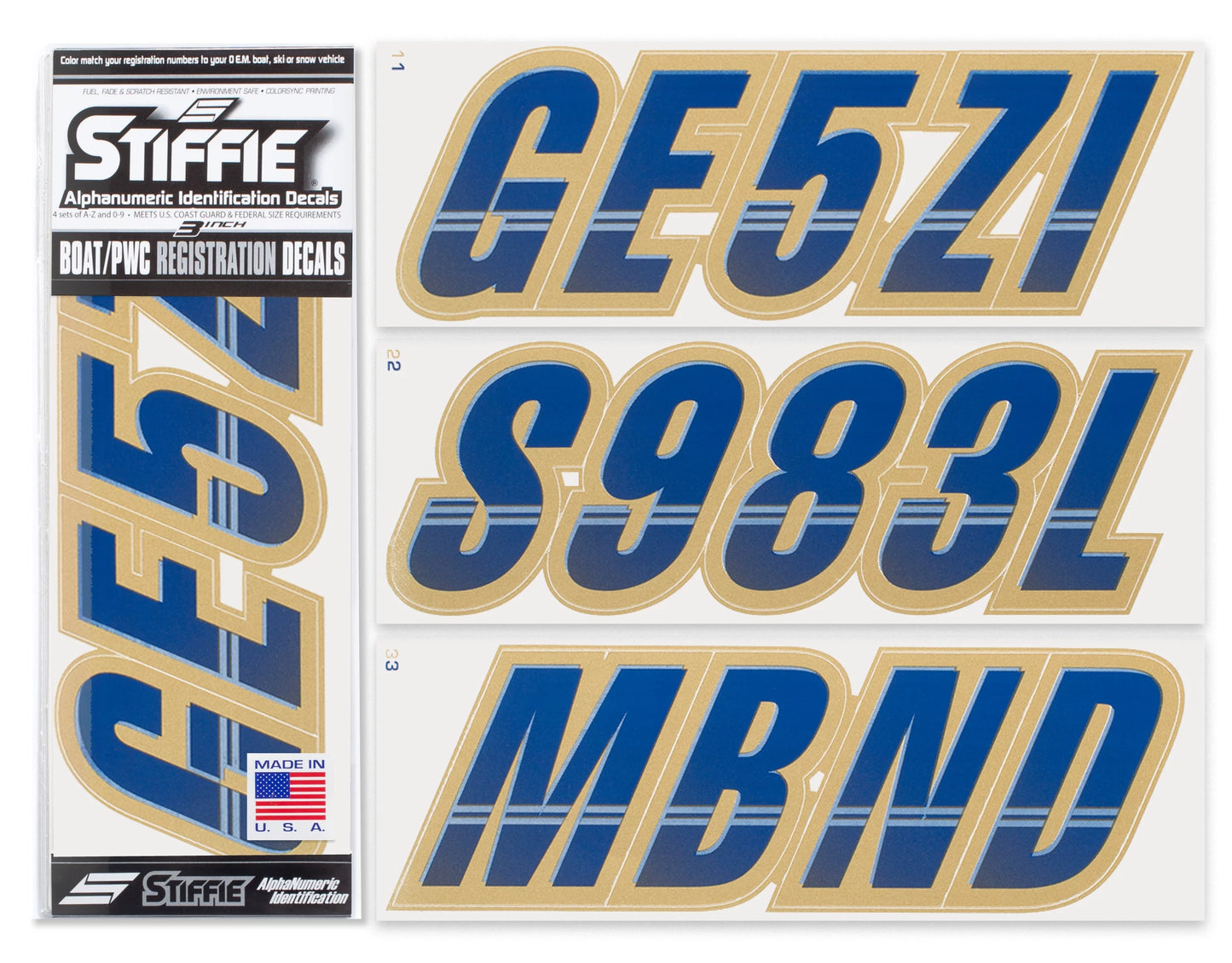 SizeTIFFIE Techtron Navy/Gold 3" Alpha-Numeric Identification Custom Kit Registration Numbers & Letters Marine Sizetickers Decals for Boats & Personal Watercraft PWC