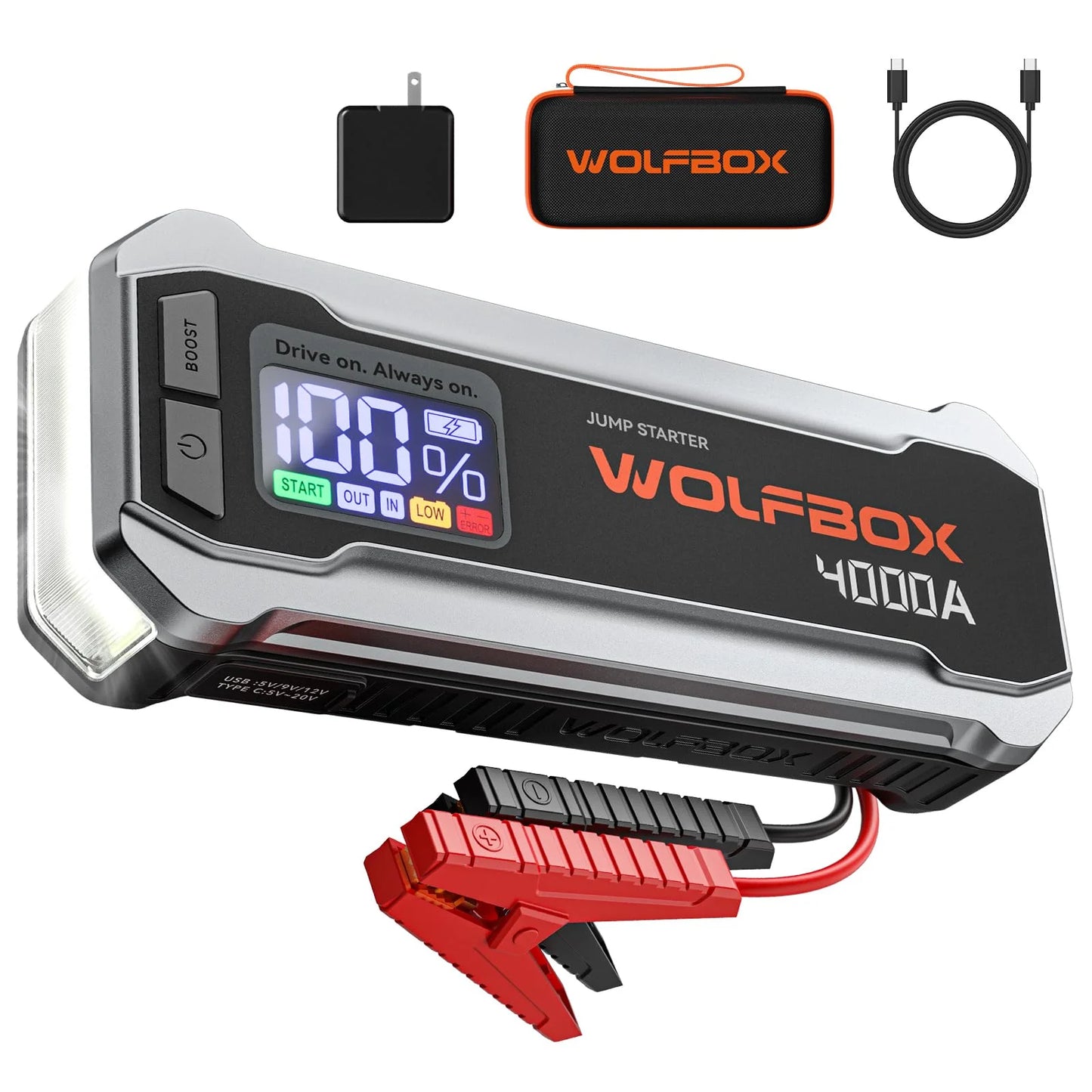 WOLFBOX 4000A 12V Car Battery Jump Sizetarter(10L Gas 10L Diesel Engine) Powerful Car Jump Sizetarter with 65W Quick Charger, Built-in LED Light, Jumper Cables, 24000mAh Portable Jump Sizetarter Battery Pack