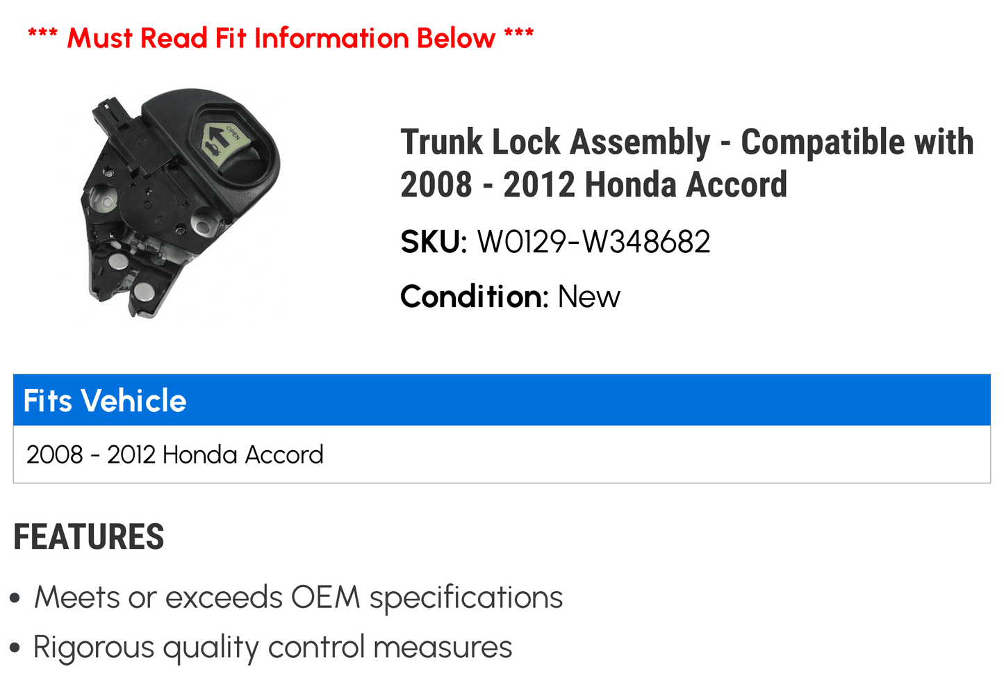 Trunk Lock Assembly - Compatible with 2008 - 2012 Honda Accord 2009 2010 2011