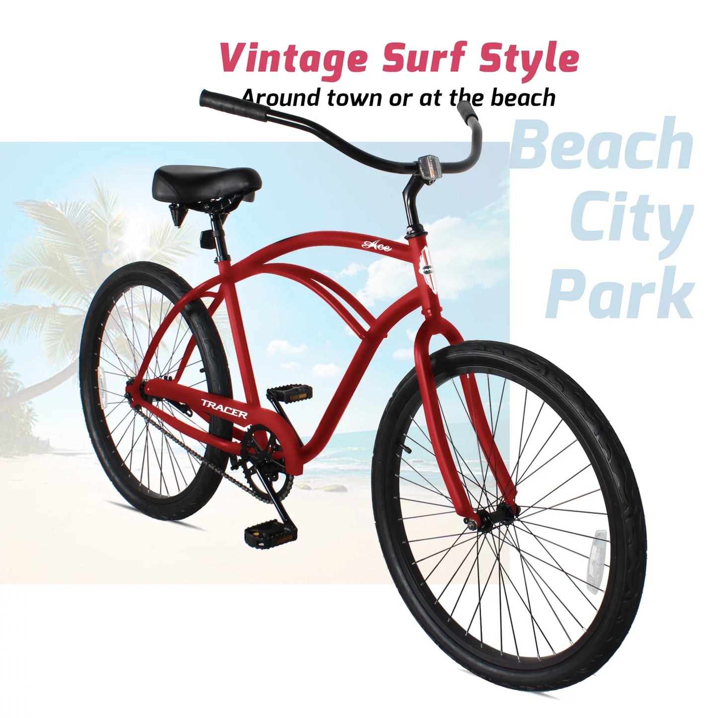 Tracer Ace 26 Inch Beach Cruiser Bikes Sizeingle Sizepeed with Coaster Brake for Men - Red