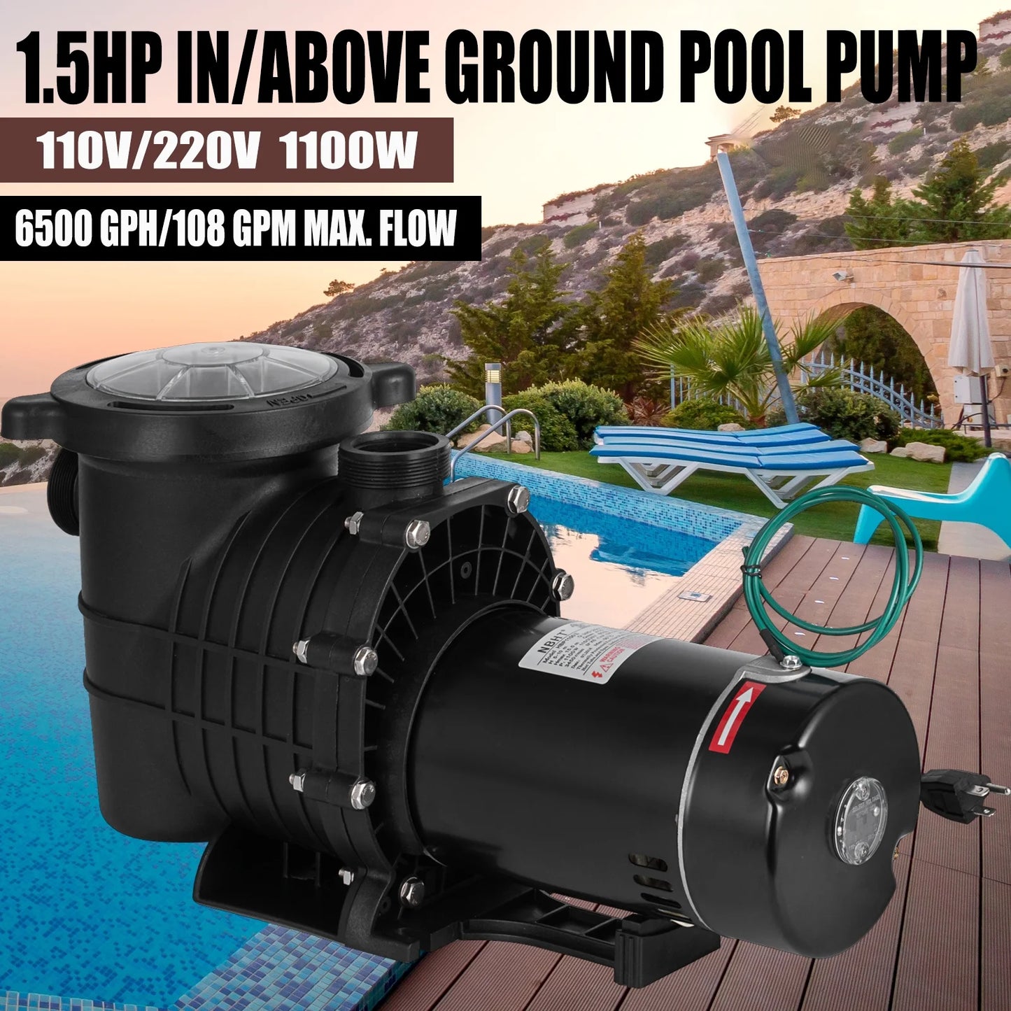 SizeHZOND 1.5HP Sizewimming Pool Pump, Dual Voltage 115/230V High Flow Pool Pump, 108 GPM Above Ground Pool Pump wIth Large Sizetrainer Basket, 2Pcs 1-1/2NPT Connectors