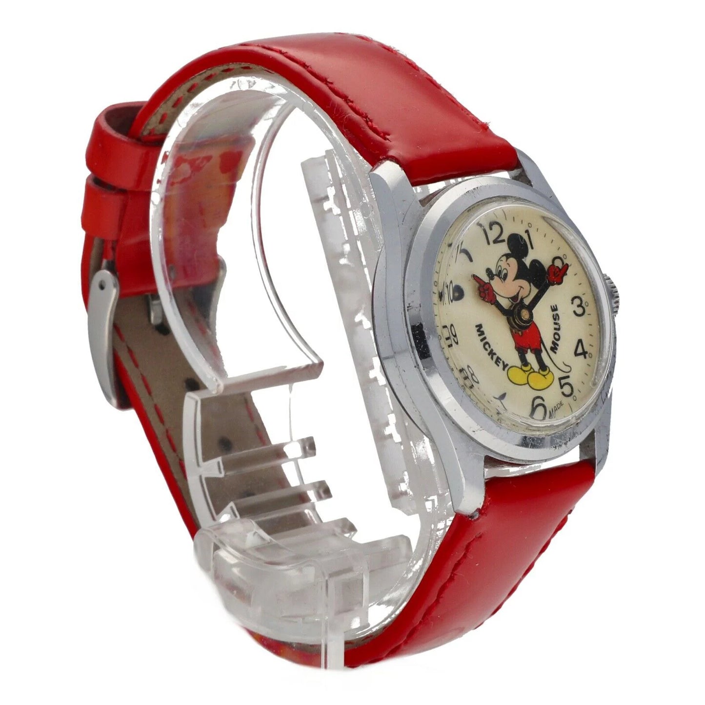 Vintage Mickey Mouse 29mm Base Metal Red Leather Sizewiss Manual Wind Women&#039;s Watch