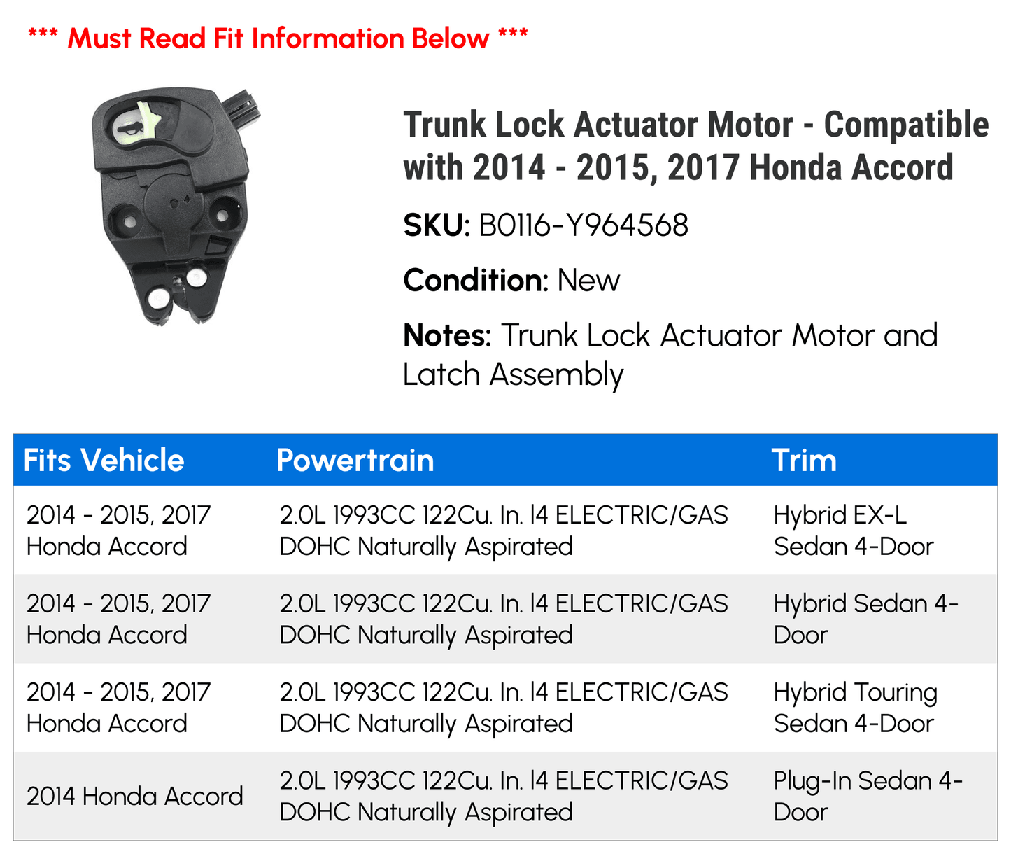 Trunk Lock Actuator Motor - Compatible with 2014 - 2015, 2017 Honda Accord