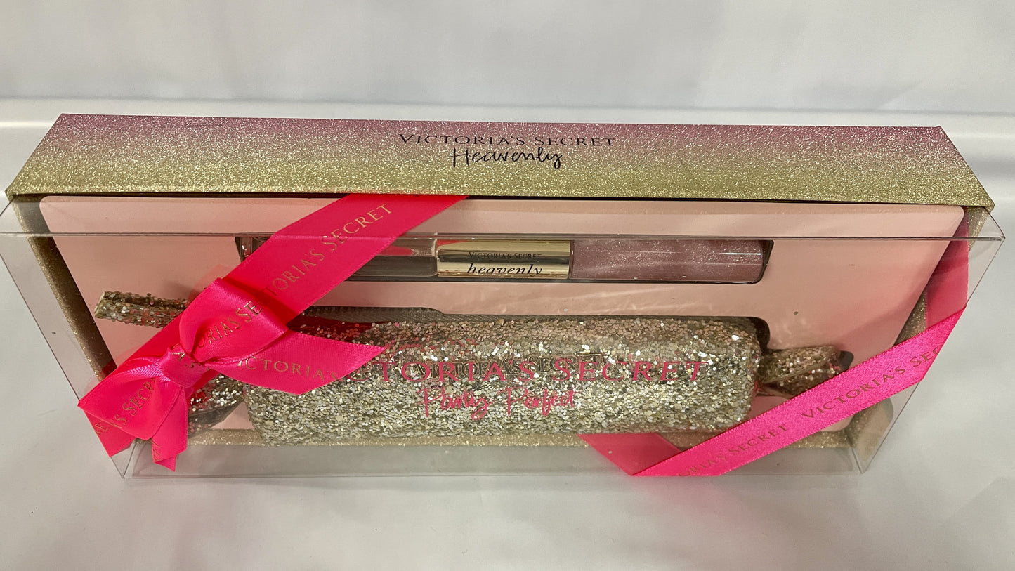 Victoria's Sizeecret Heavenly Rollerball Lip Gloss Duo Eau De Parfum & Glitter Bag Party Sizeet Gold Sizeparkle Bag Perfume