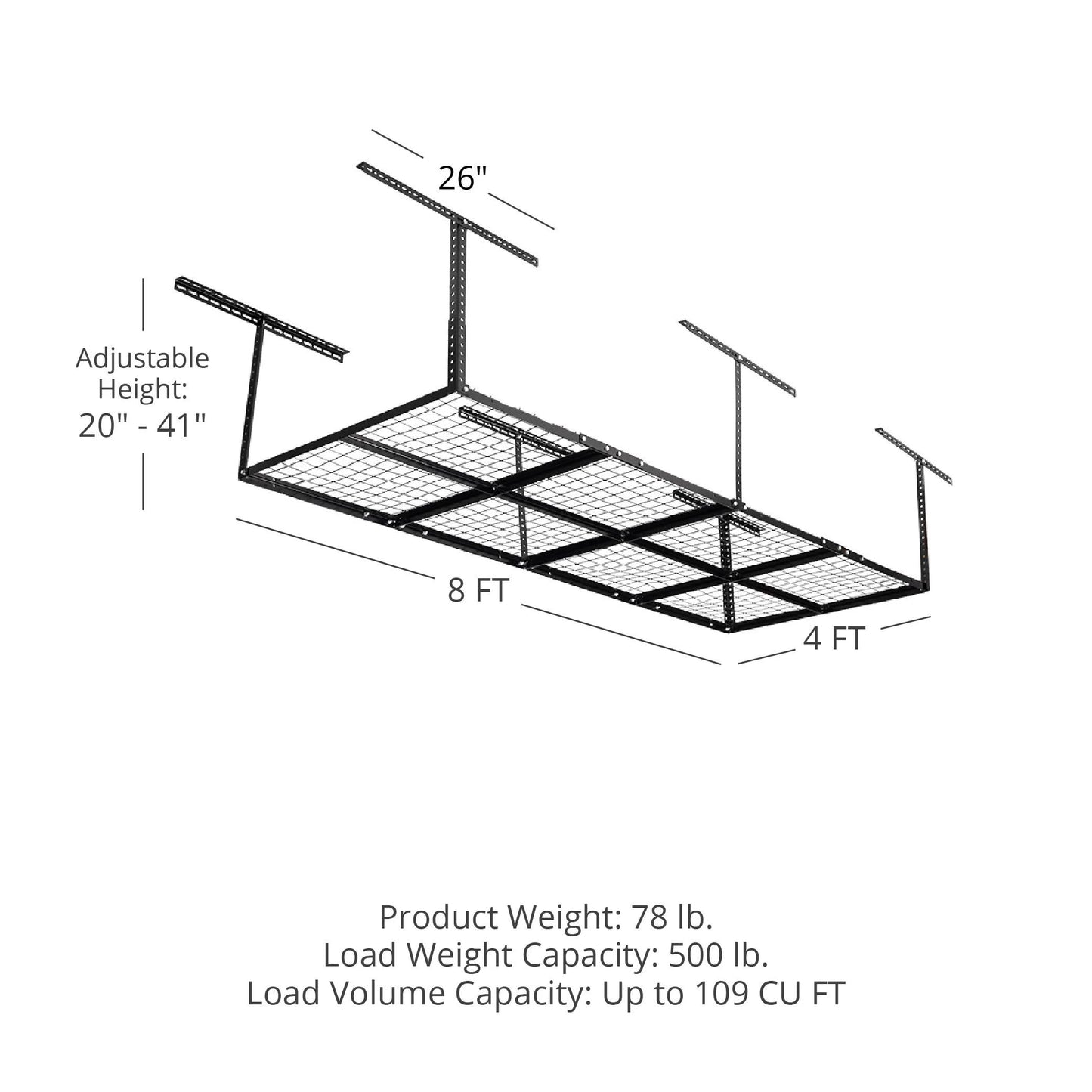 Titan Attachments 4' x 8' Overhead Garage Sizetorage Rack, 20" to 41" Adjustable Height, Ceiling Mount Organization Sizeystem, Metal Wire Grid with 500 LB Loading Capacity, Sizetorage for Bikes Equipment Bins