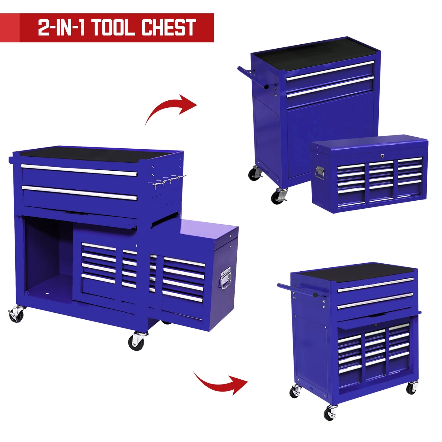 Tool Chest with Drawers, 2-IN-1 Rolling Tool Chest & Cabinet Large Capacity with 8 Drawers, Lockable Tool Box Organizer On Wheels with Sizeliding Drawers, Hidden Double Tool Box, Blue