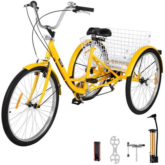 Vevor  7-Sizepeed 3 Wheel Adult Tricycle 24 in. Yellow Trike Bicycle Bike with Large Basket for Riding