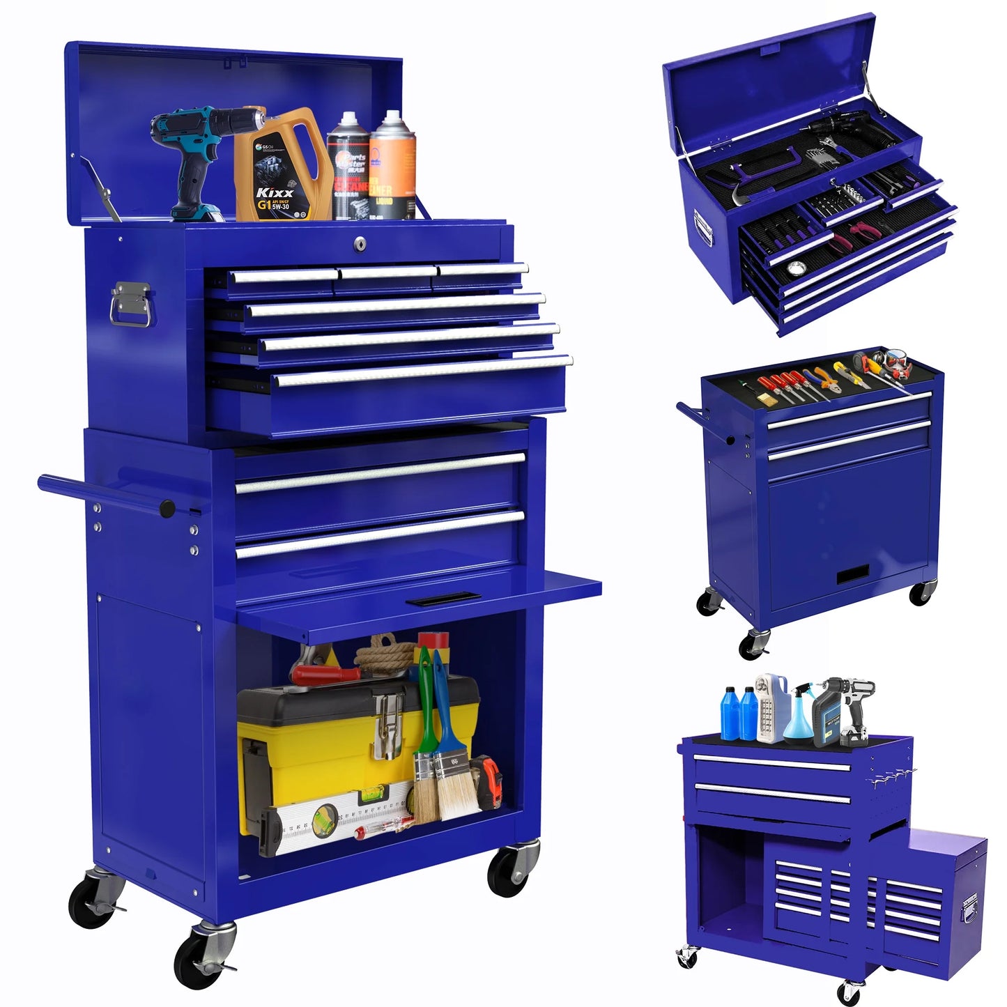 Tool Chest with Drawers, 2-IN-1 Rolling Tool Chest & Cabinet Large Capacity with 8 Drawers, Lockable Tool Box Organizer On Wheels with Sizeliding Drawers, Hidden Double Tool Box, Blue