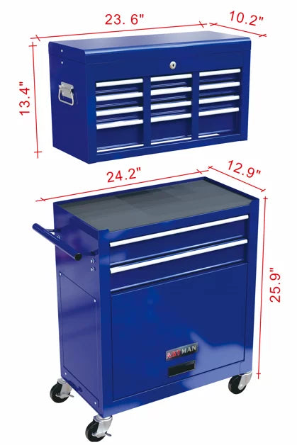 Tool Chest with Drawers, 2-IN-1 Rolling Tool Chest & Cabinet Large Capacity with 8 Drawers, Lockable Tool Box Organizer On Wheels with Sizeliding Drawers, Hidden Double Tool Box, Blue