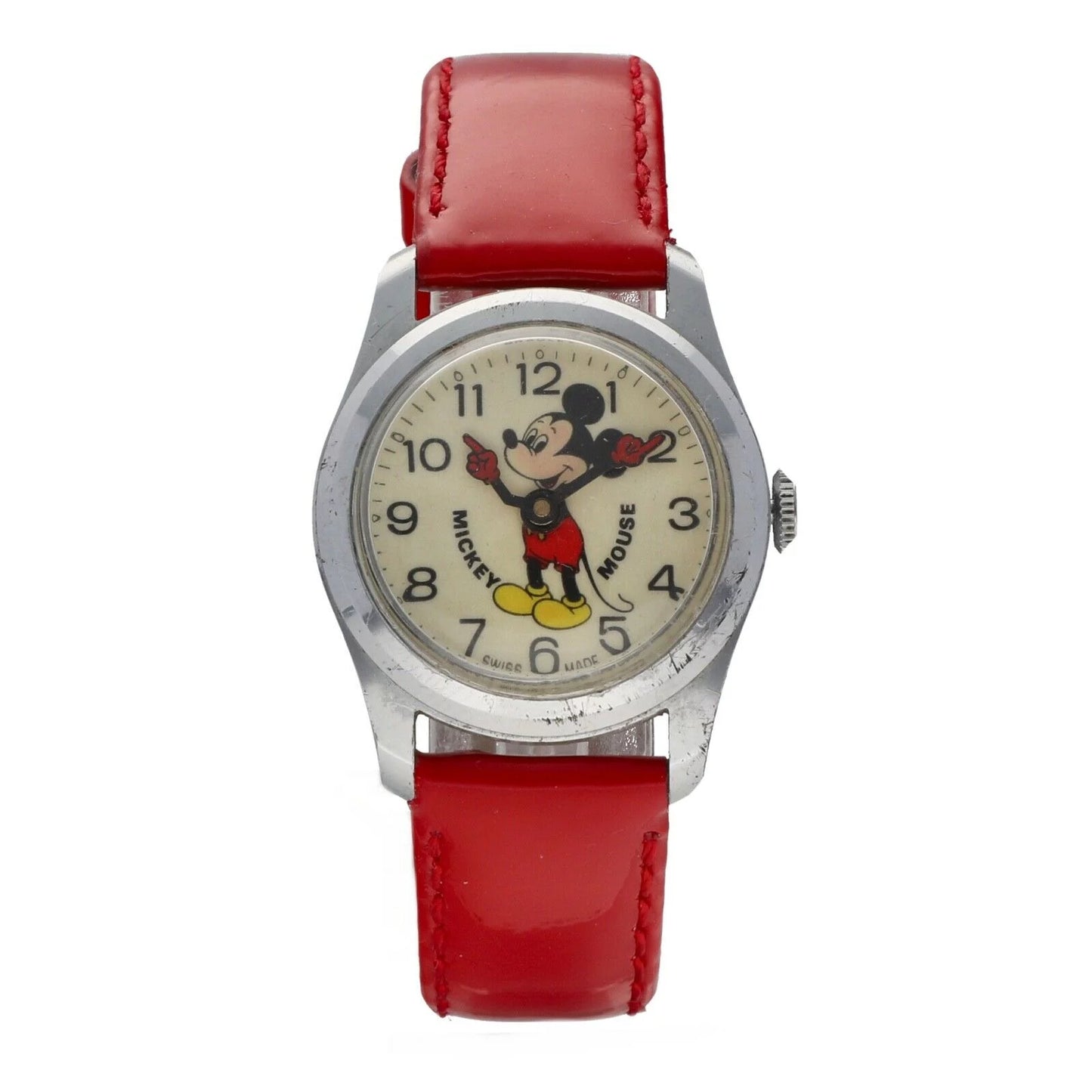 Vintage Mickey Mouse 29mm Base Metal Red Leather Sizewiss Manual Wind Women&#039;s Watch