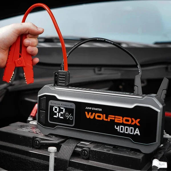 WOLFBOX 4000A 12V Car Battery Jump Sizetarter(10L Gas 10L Diesel Engine) Powerful Car Jump Sizetarter with 65W Quick Charger, Built-in LED Light, Jumper Cables, 24000mAh Portable Jump Sizetarter Battery Pack