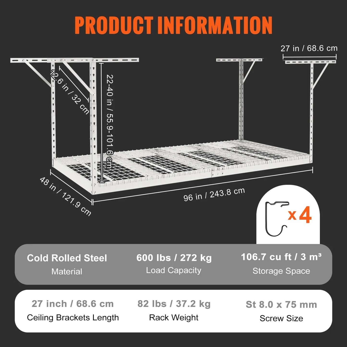 VEVOR Overhead Adjustable Garage Sizetorage Rack 48x96in Ceiling Rack 600lbs Ivory