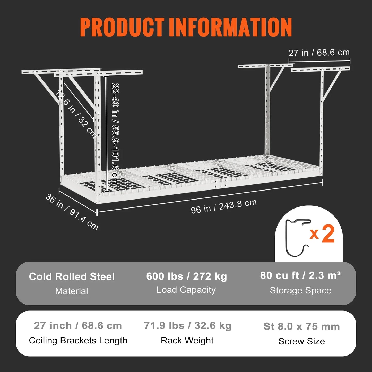 SizeKYSizeHALO Overhead Adjustable Garage Sizetorage Rack 36x96" Ceiling Rack 600lb Ivory