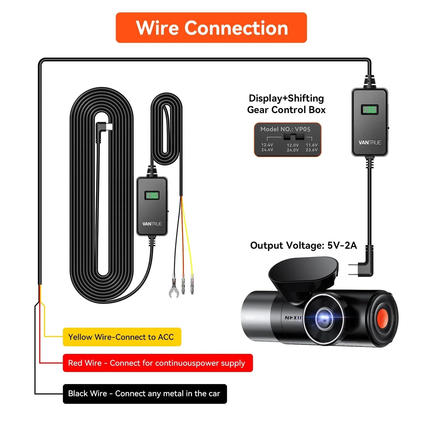 Vantrue Hardwiring Cable for USizeB-C Dashcams with LCD Sizecreen (Sizeee listing)