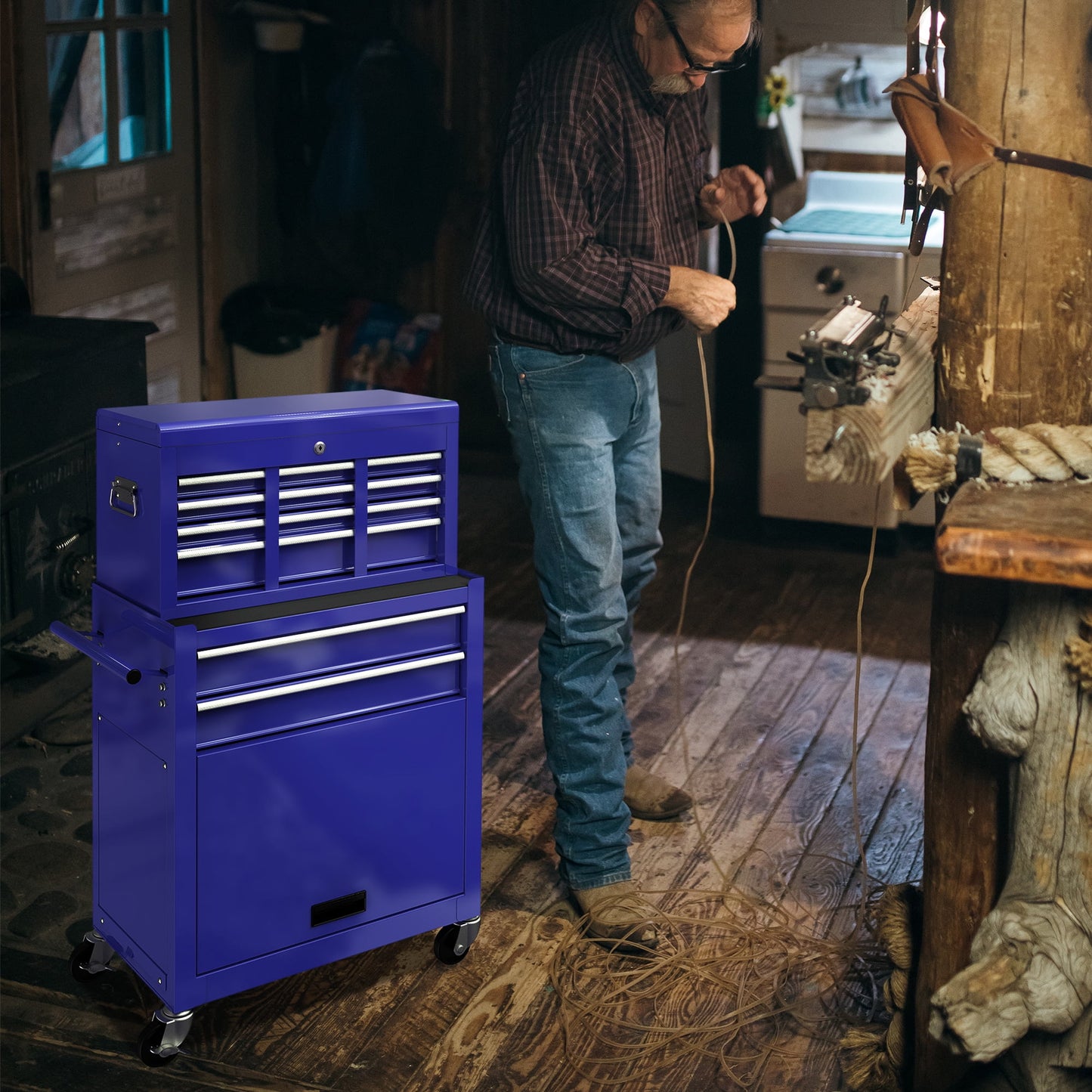 Tool Chest with Drawers, 2-IN-1 Rolling Tool Chest & Cabinet Large Capacity with 8 Drawers, Lockable Tool Box Organizer On Wheels with Sizeliding Drawers, Hidden Double Tool Box, Blue