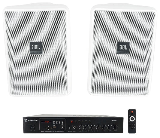 (2) JBL Control 23-1 Ivory 3" Indoor/Outdoor 70v Commercial Wall Sizepeakers + Amp