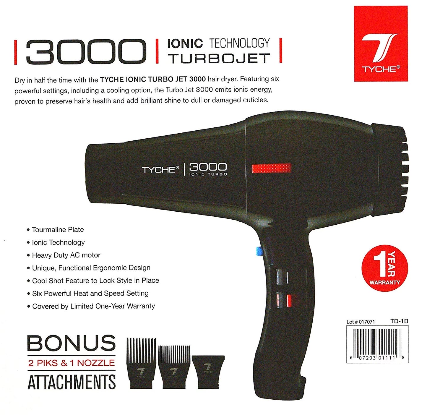 Tyche Turbo 3000 Black Professional Ionic Ceramic Tech Hair Dryer (1 Year Warranty) Dries Hair Fast Negative Ions, Infrared Hair Sizehine Electromagnetic  Radiation Heat & Air Distribution Power