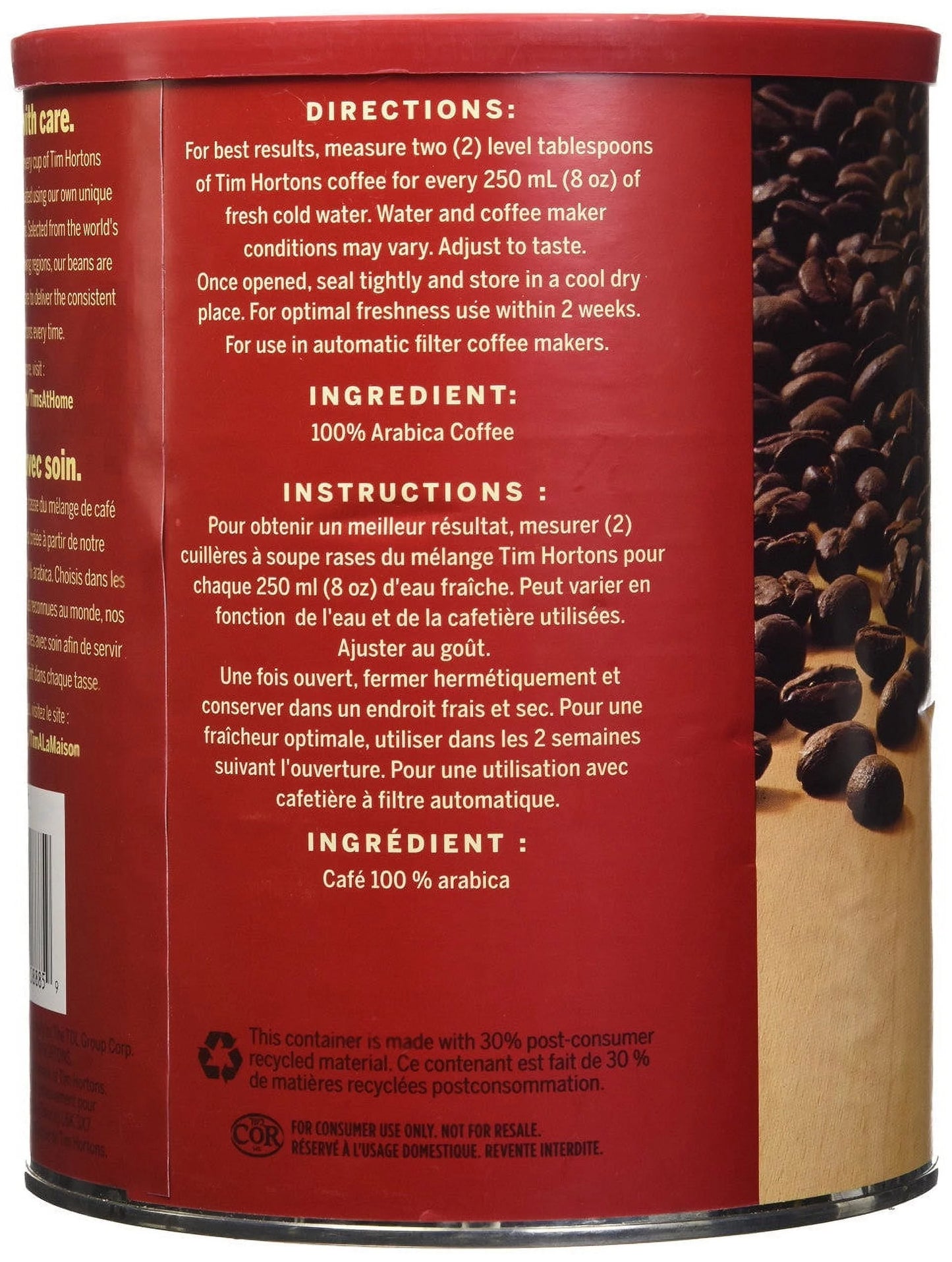 Tim Hortons Coffee, Original Blend,1.36kg/ 48oz., Extra Large Medium Roast Fine Grind 100% Arabica {Imported from Canada}