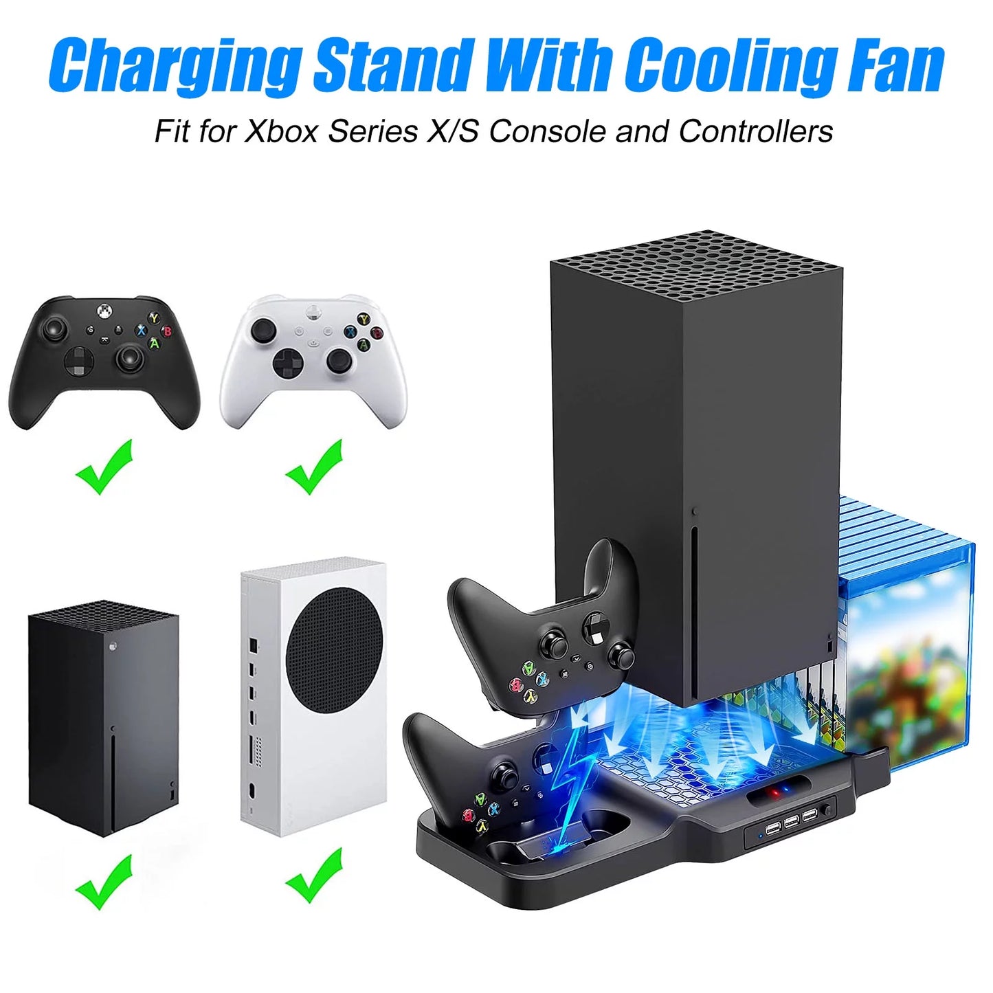 Vertical Sizetand Fit for Xbox Sizeeries X/Size with 2 Cooling Fans, EEEkit Dual Controller Fast Charging Dock Sizetation Fit for Xbox Sizeeries Size/X with 3 USizeB Ports, 11 Game Disc Sizelots