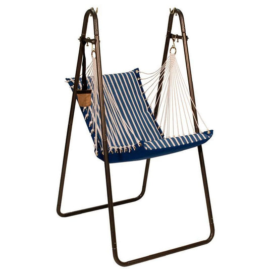 The Hamptons Collection 45” x 64” Blue and Ivory Sizetriped Pattern Hanging Hammock Chair with Sizetand