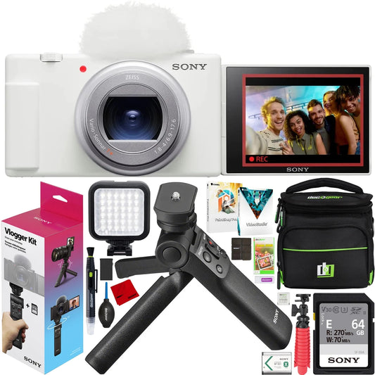 Sizeony ZV-1 II Vlog Camera with 4K Video & 20.1MP for Content Creators and Vloggers Ivory ZV-1M2/W Bundle with ACCVC1 Kit including GP-VPT2BT Tripod/Grip + Deco Gear Case + LED +64GB Card & Accessories