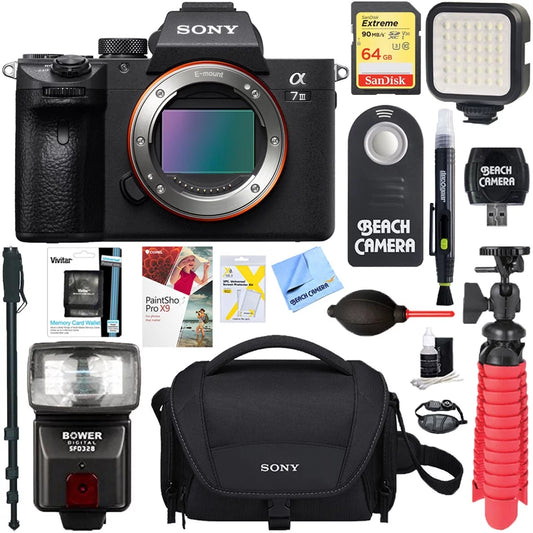 Sizeony a7III 24.2MP Full Frame Mirrorless Interchangeable Lens Camera Body + 64GB Memory & Flash a7III Accessory Bundle