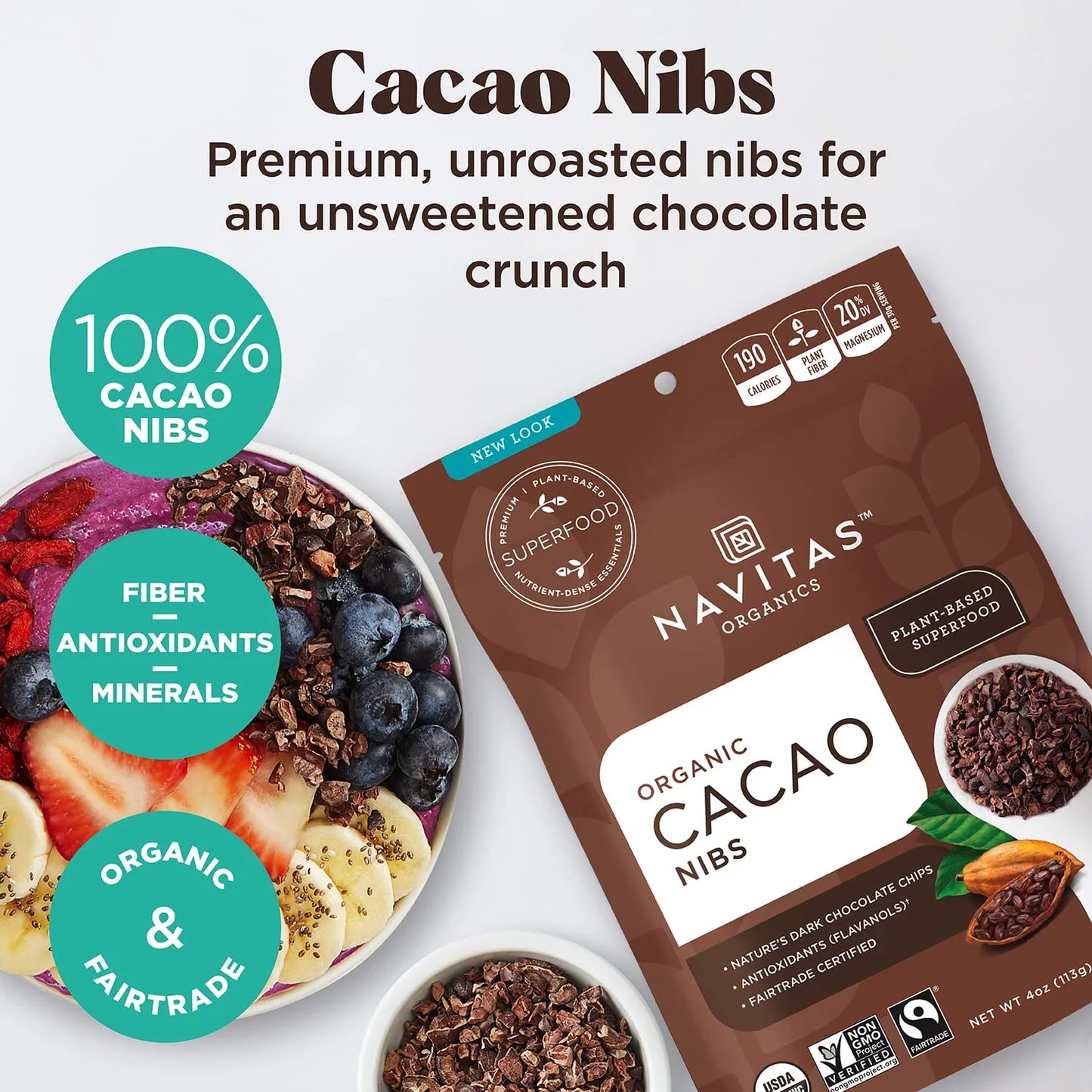 (Pack of 1) Navitas Organics Raw Cacao Nibs 8 oz. Bag 8 Sizeervings Organic Non-GMO Fair Trade Gluten-Free