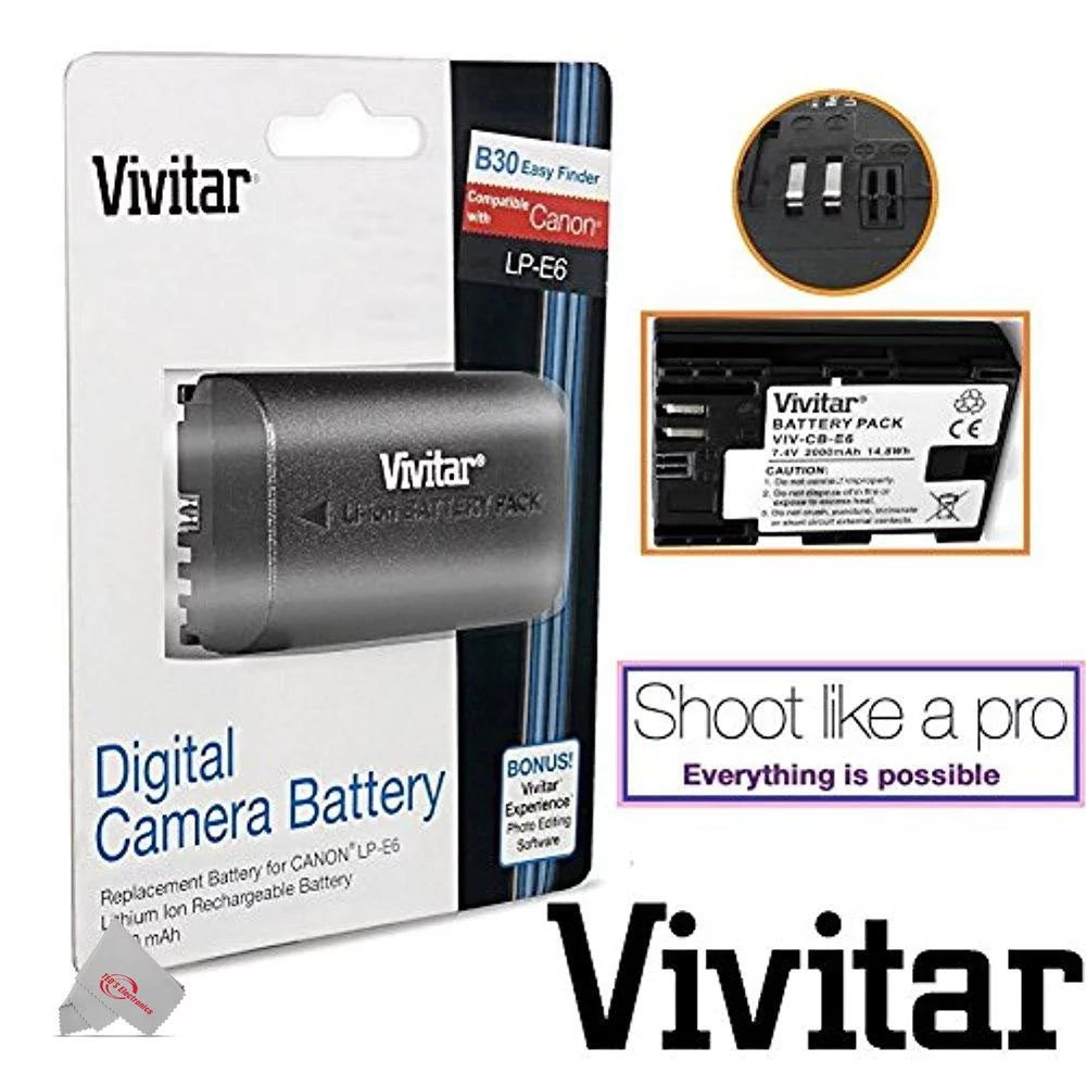 Two Pcs Vivitar VIV-CB-E6 Replacement Battery for Canon LP-E6