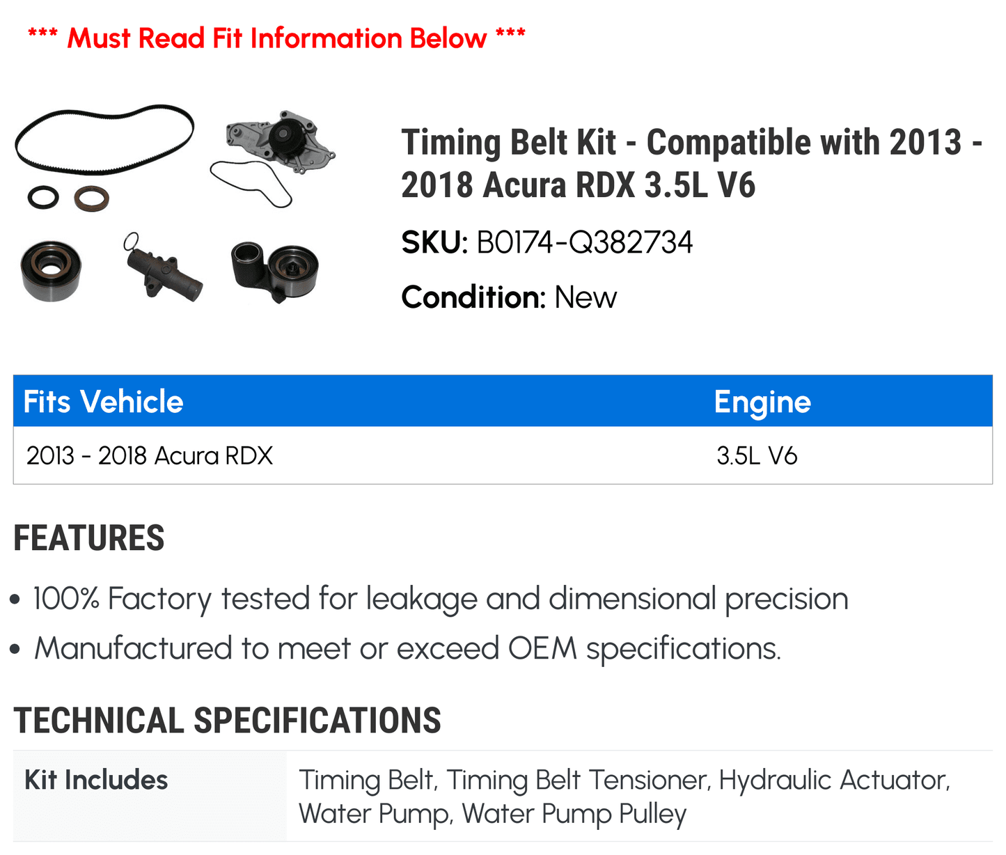 Timing Belt Kit - Compatible with 2013 - 2018 Acura RDX 3.5L V6 2014 2015 2016 2017