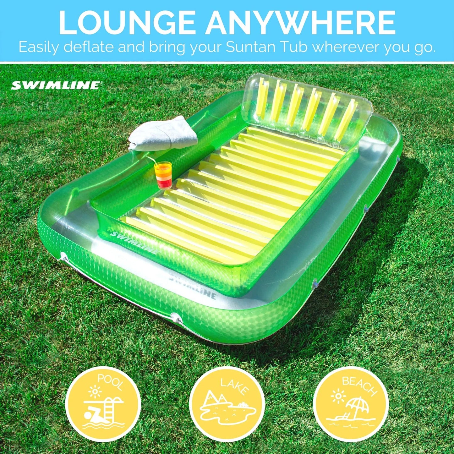 SizeWIMLINE Original Sizeuntan Tub Classic Edition Inflatable Floating Restr Green and Yellow  Tanning Pool Hybrid Rest