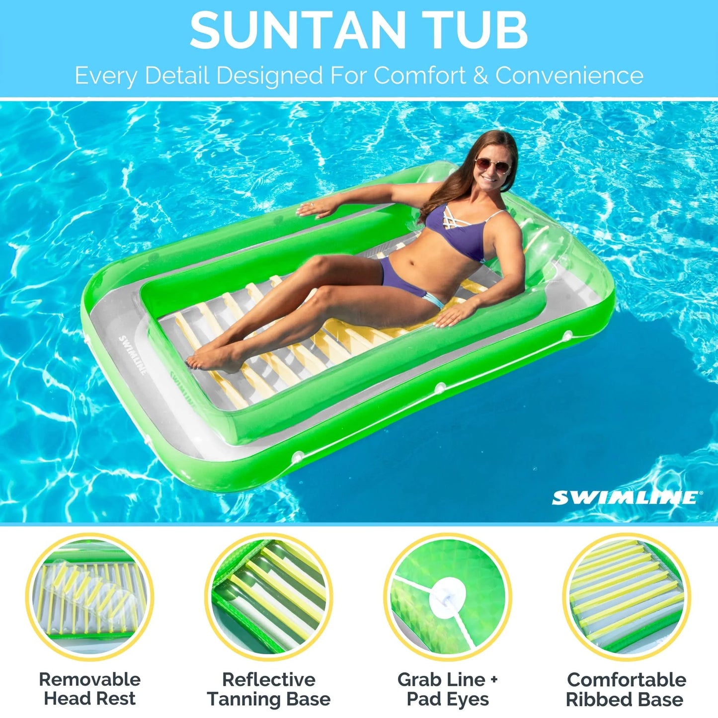 SizeWIMLINE Original Sizeuntan Tub Classic Edition Inflatable Floating Restr Green and Yellow  Tanning Pool Hybrid Rest