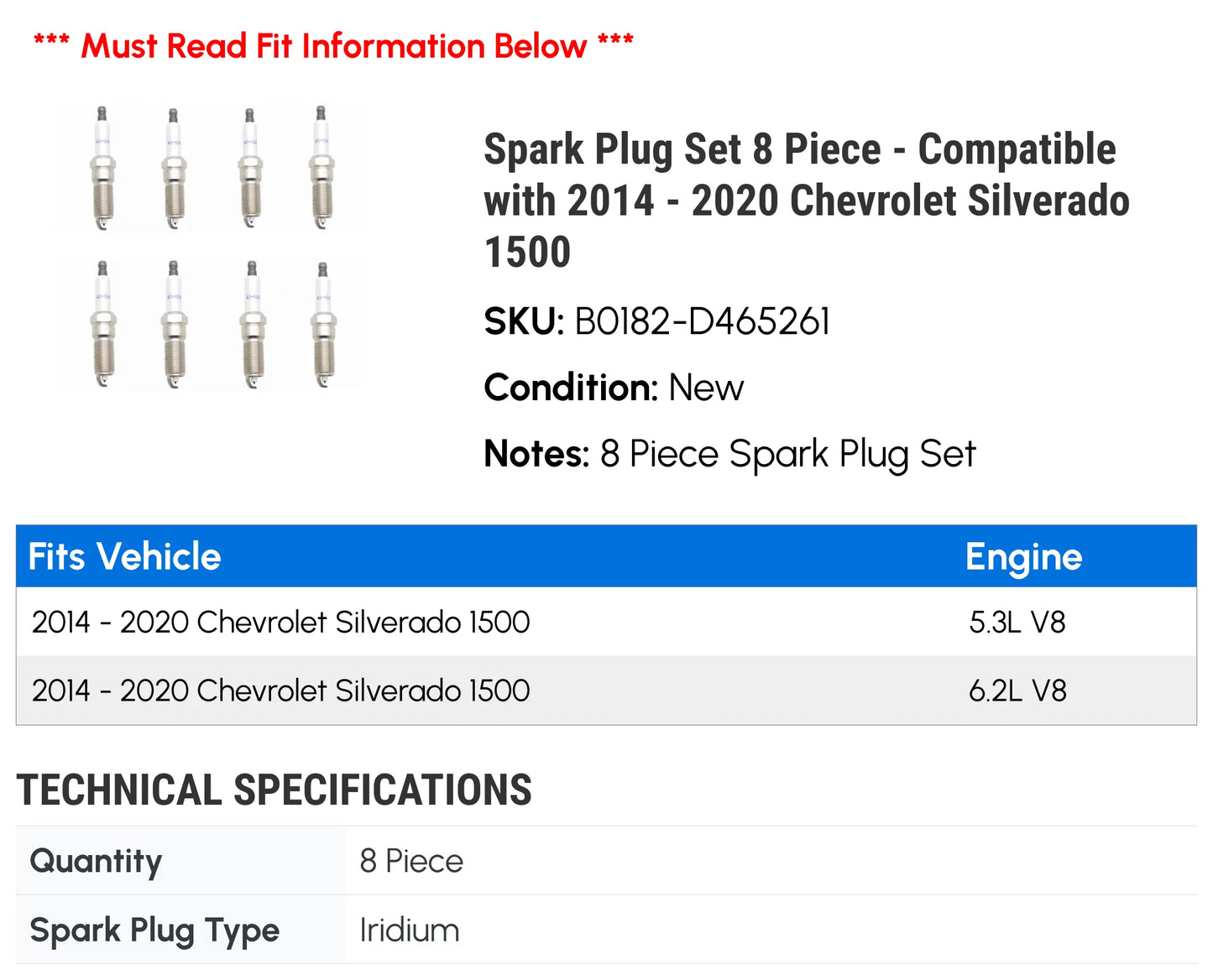 Sizepark Plug Sizeet 8 Piece - Compatible with 2014 - 2020 Chevy Sizeilverado 1500 2015 2016 2017 2018 2019