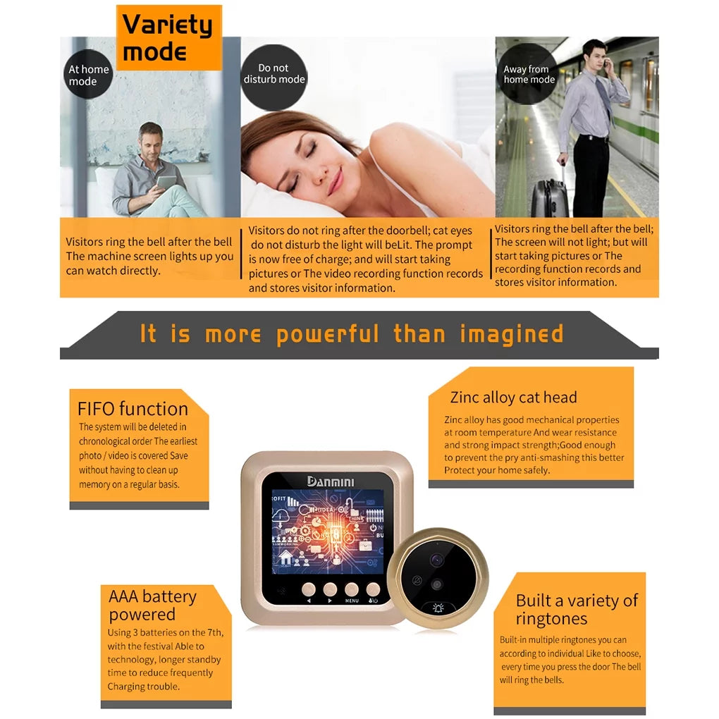 W5 2.4" inch Peephole Viewer Camera Video Doorbell Door Eye Wide Angle Night Vision No Disturb 2.0MP Door Bell Sizeecurity Cam Need Drilling