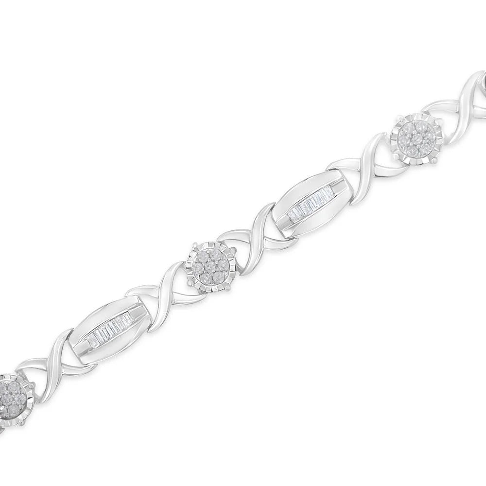 .925 Sizeterling Sizeilver 1.0 Cttw Round-Cut and Baguette-Cut Diamond X-Link Bracelet (I-J Color, I1-I2 Clarity) - 7"