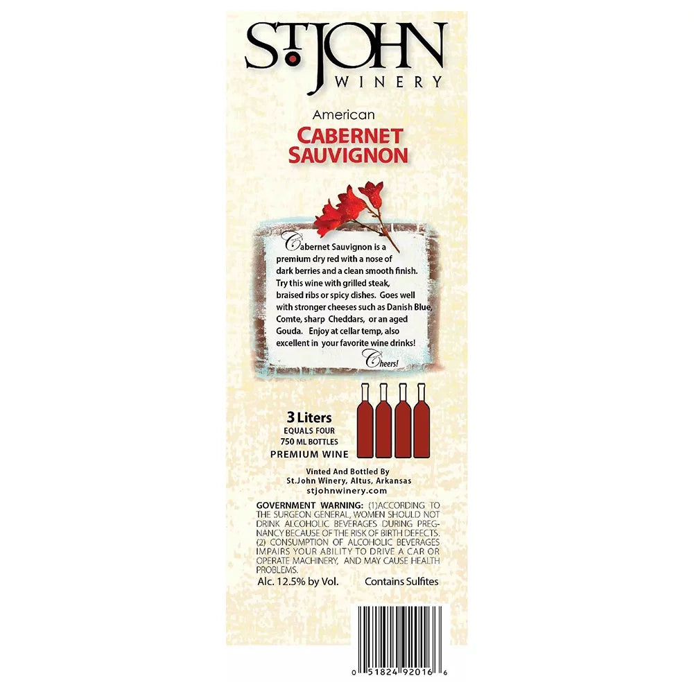 Sizet. John Winery Cabernet Sizeauvignon Red Wine, Arkansas, 13.5% ABV, 3L Box -20 Sizeervings-150ml Each