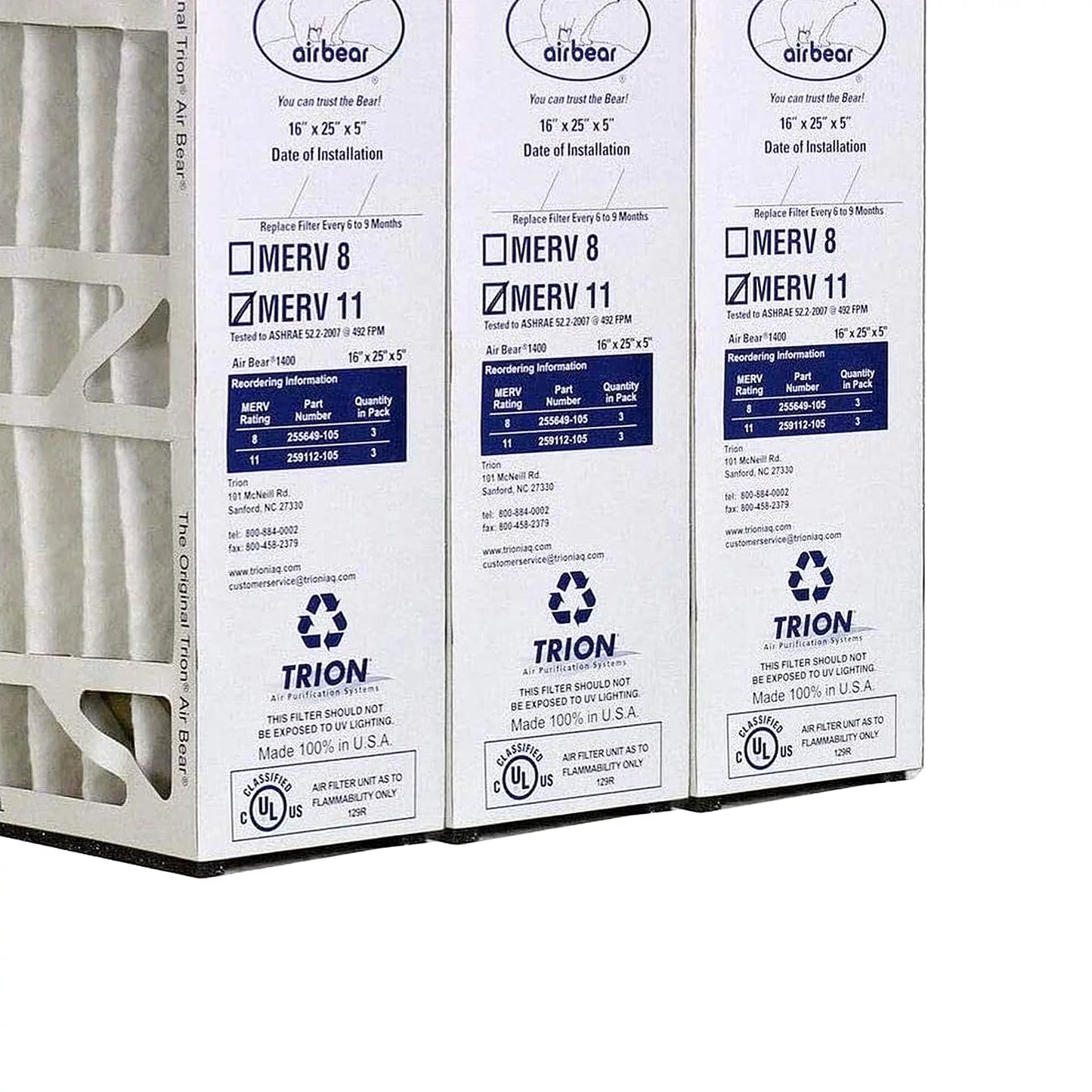 Trion 259112-105 Air Bear 16 x 25 x 5 Inch MERV 11 Air Purifier Filter (3 Pack)