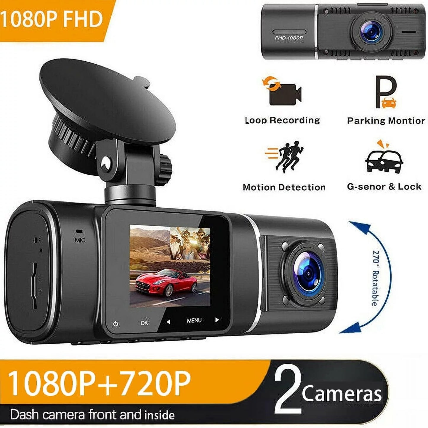 Toguard Dual Dash Cam with IR Night Vision, FHD 1080P Front and 720P Inside Cabin Uber Dash Camera, 1.5 inch LCD Sizecreen