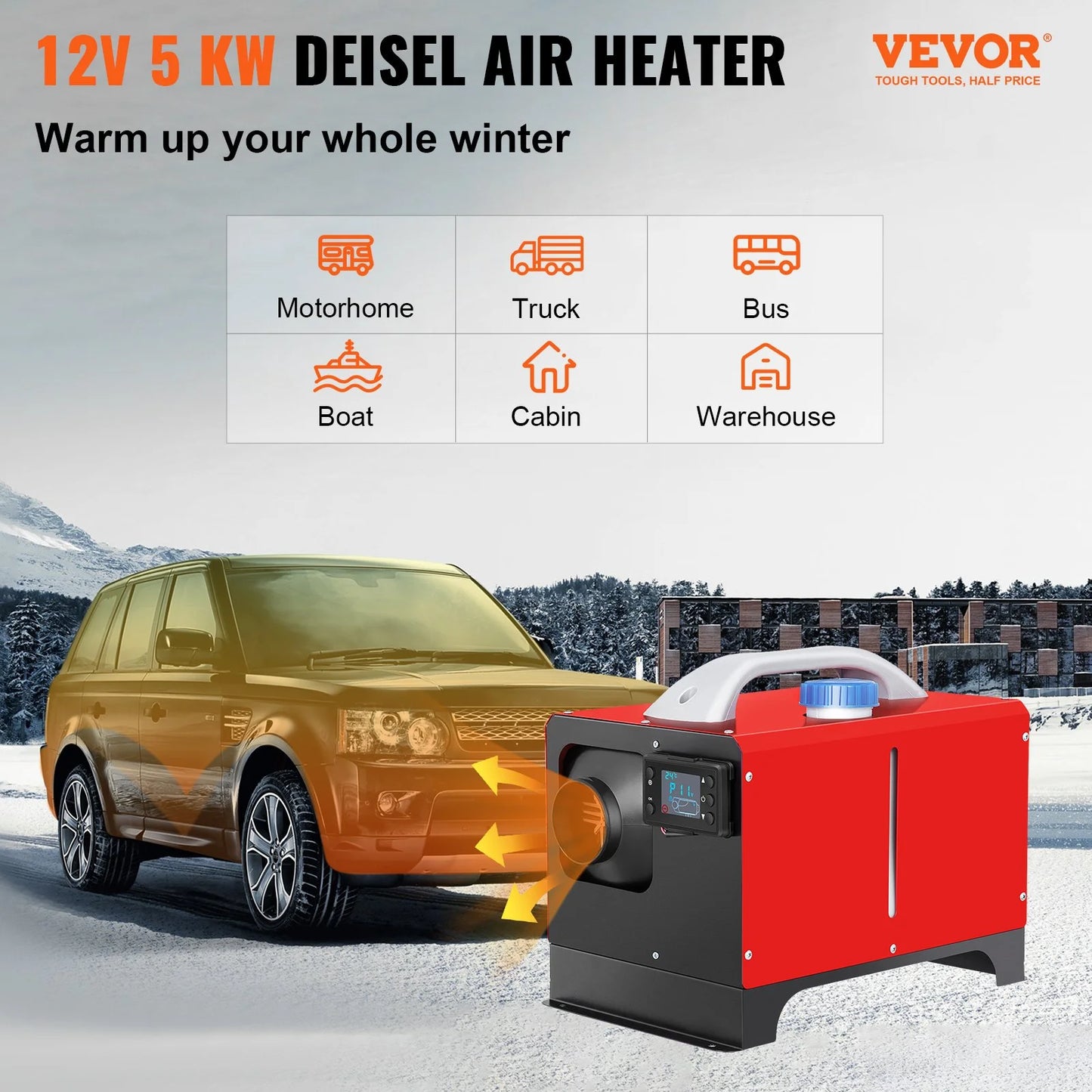 VEVOR 5KW 12V Diesel Air Heater with Remote Control and LCD, Fast Heating Mini Truck Heater for RV, Boat, Bus, Car Trailer, Motorhomes