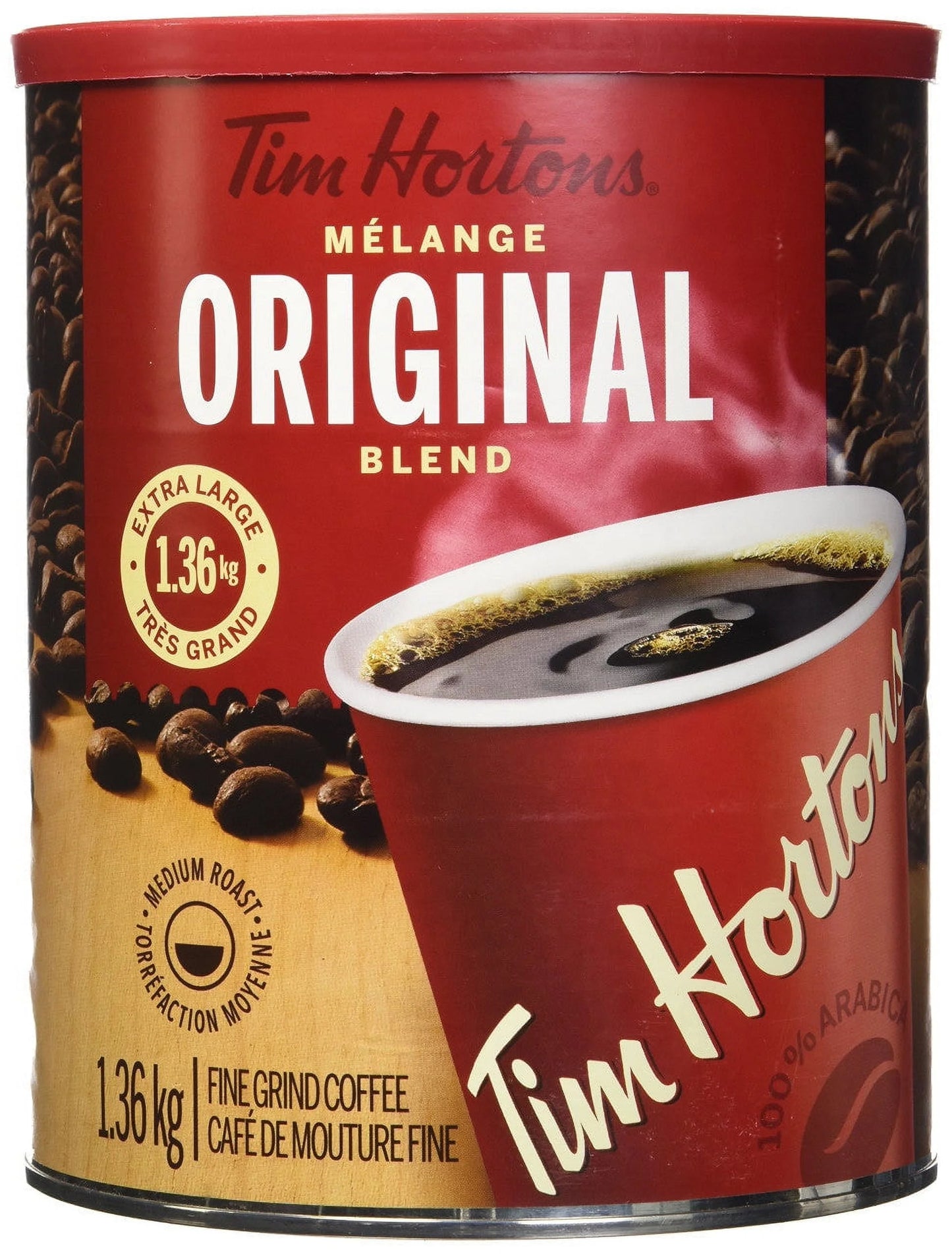 Tim Hortons Coffee, Original Blend,1.36kg/ 48oz., Extra Large Medium Roast Fine Grind 100% Arabica {Imported from Canada}