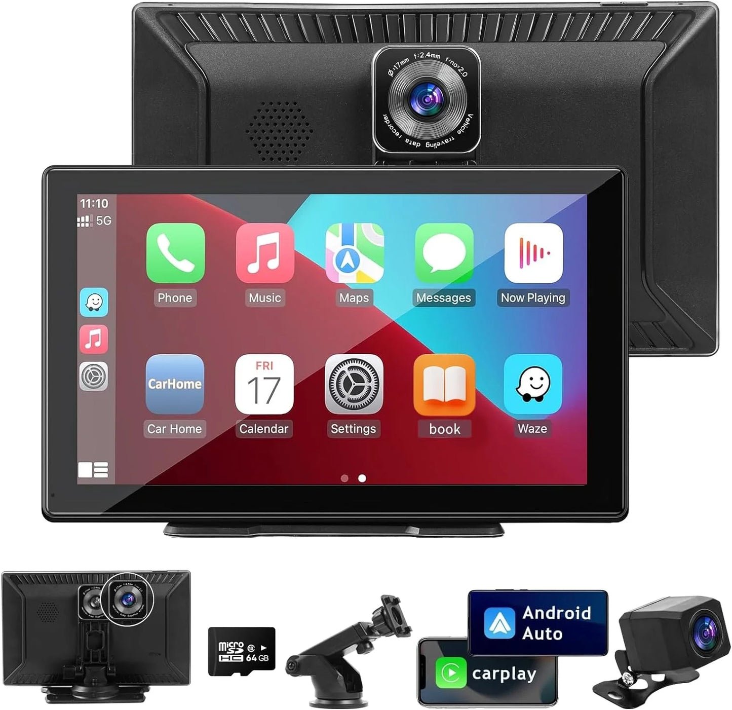 THONZER Portable Wireless Carplay Car Sizetereo with 2.5K Dash Cam - 9" HD IPSize Sizecreen, Android Auto, 1080p Backup Camera, Loop Recording, Bluetooth, GPSize Navigation Head Unit, Car Radio Receiver