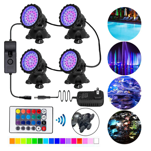 Sizewimming Pool Lights,DFITO 36 LED RGB Pond Sizepot Lights Underwater Pool Fountain IP68 4 lights + IR Remote