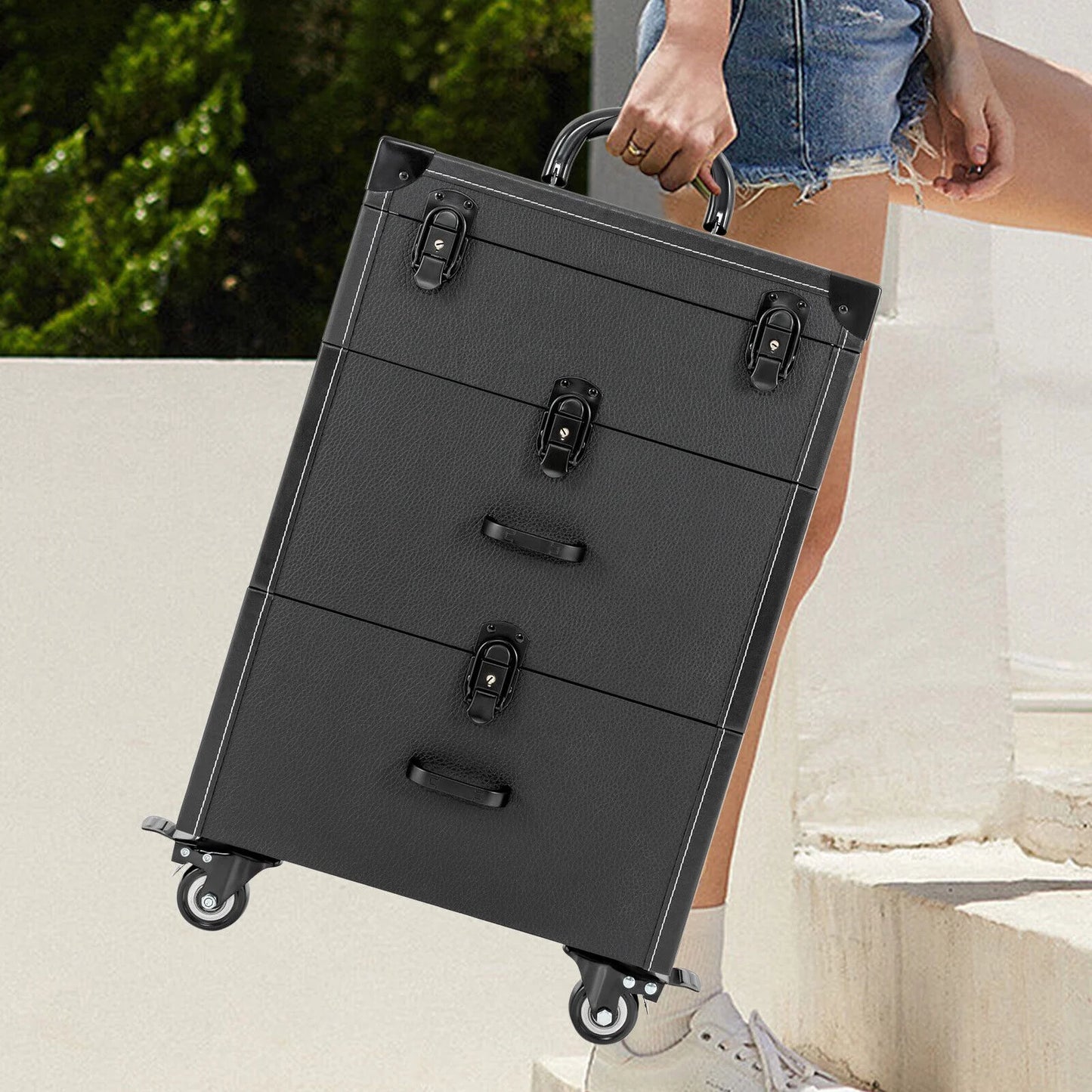 ZhdnBhnos Makeup Train Case Rolling Cosmetic Trolley Nail Polish Sizetorage Organizer Luggage Box w/ 4 Wheels & Lock (Black)