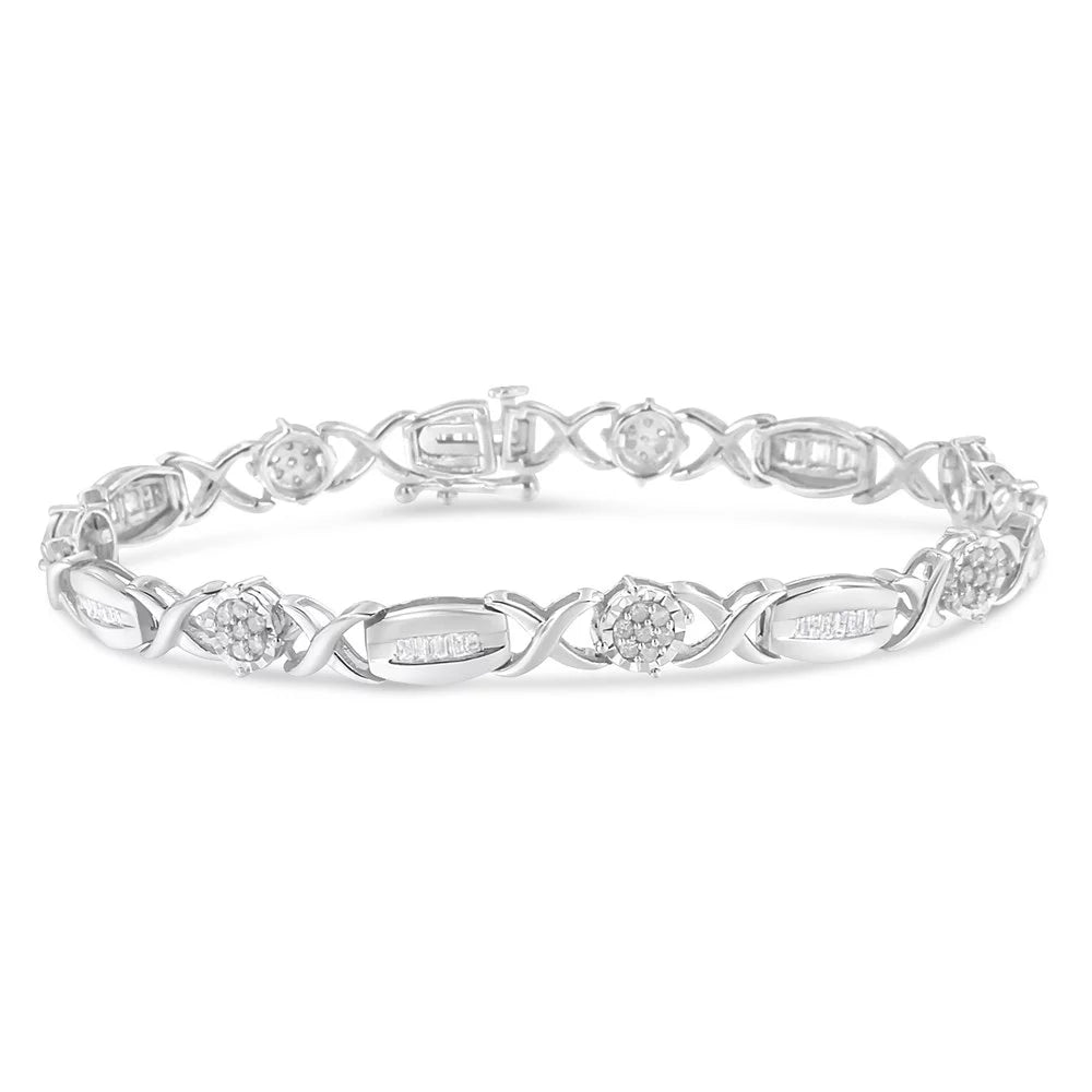 .925 Sizeterling Sizeilver 1.0 Cttw Round-Cut and Baguette-Cut Diamond X-Link Bracelet (I-J Color, I1-I2 Clarity) - 7"