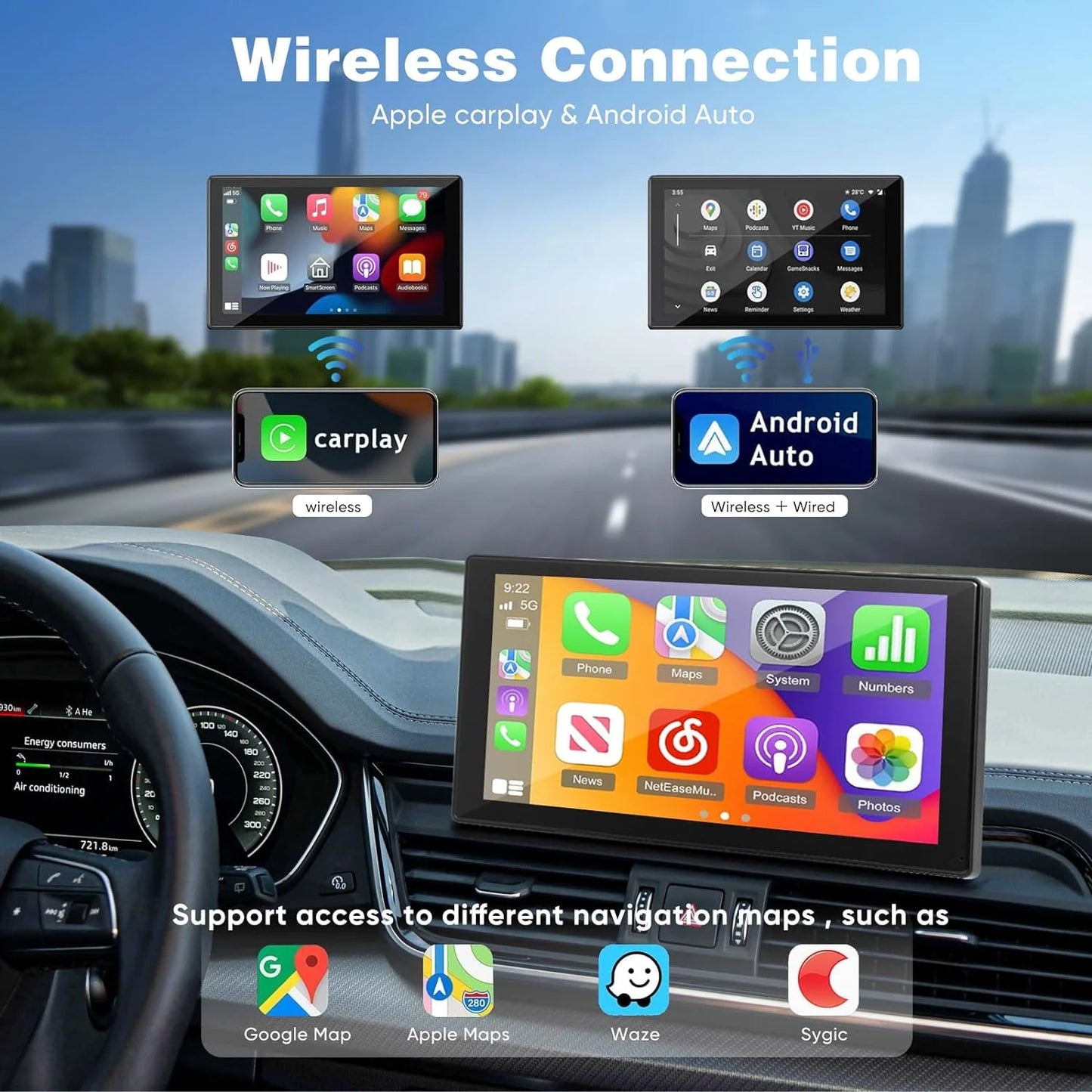 THONZER Portable Wireless Carplay Car Sizetereo with 2.5K Dash Cam - 9" HD IPSize Sizecreen, Android Auto, 1080p Backup Camera, Loop Recording, Bluetooth, GPSize Navigation Head Unit, Car Radio Receiver