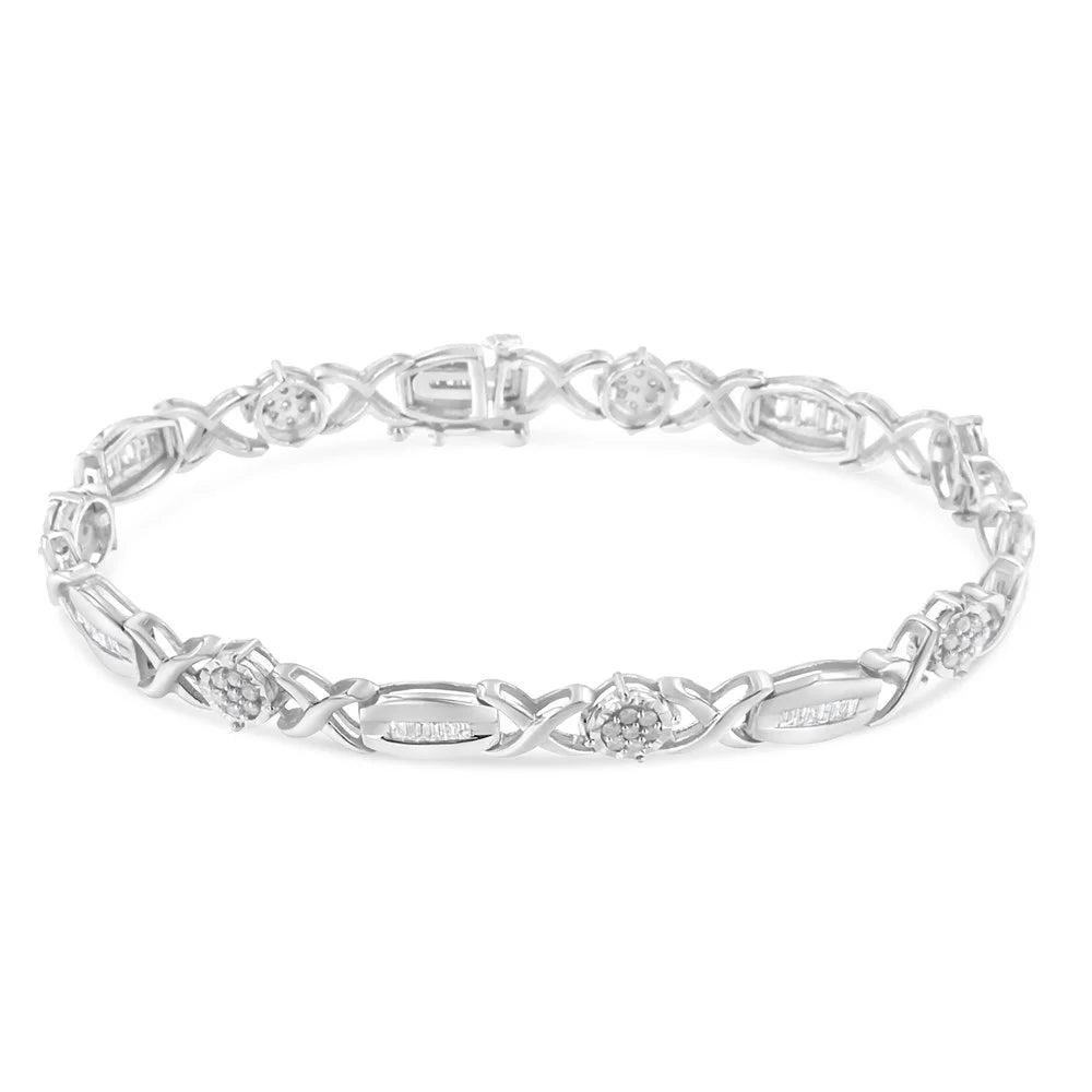 .925 Sizeterling Sizeilver 1.0 Cttw Round-Cut and Baguette-Cut Diamond X-Link Bracelet (I-J Color, I1-I2 Clarity) - 7"